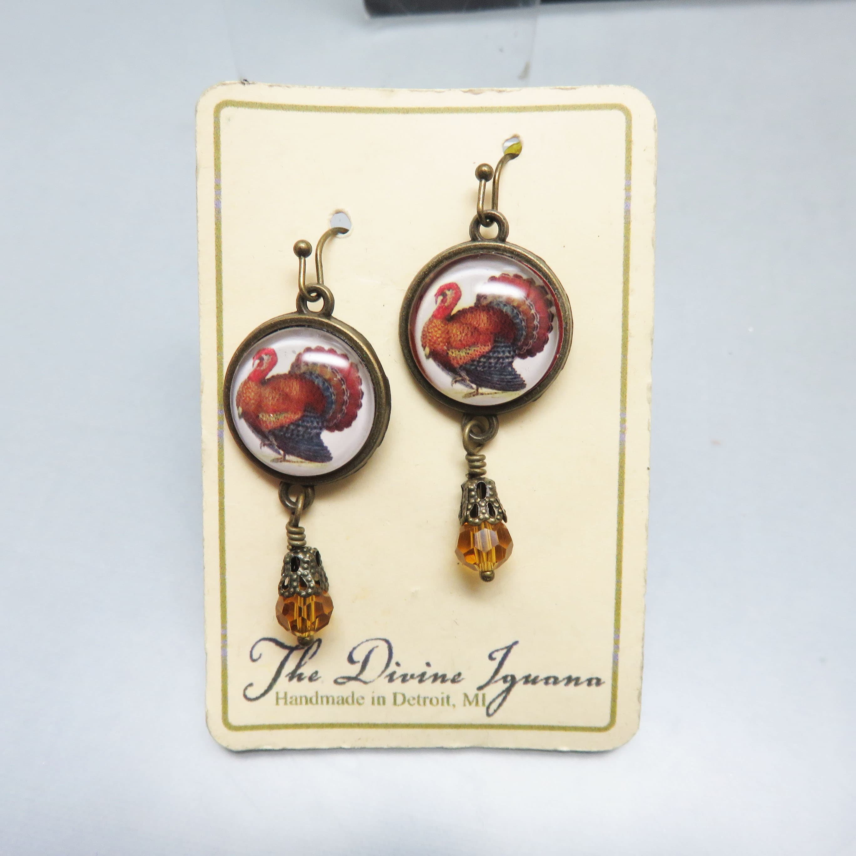 The Divine Iguana Turkey Earrings, Vintage Style Thanksgiving Glass Cabochon Dangles, Handmade in Detroit