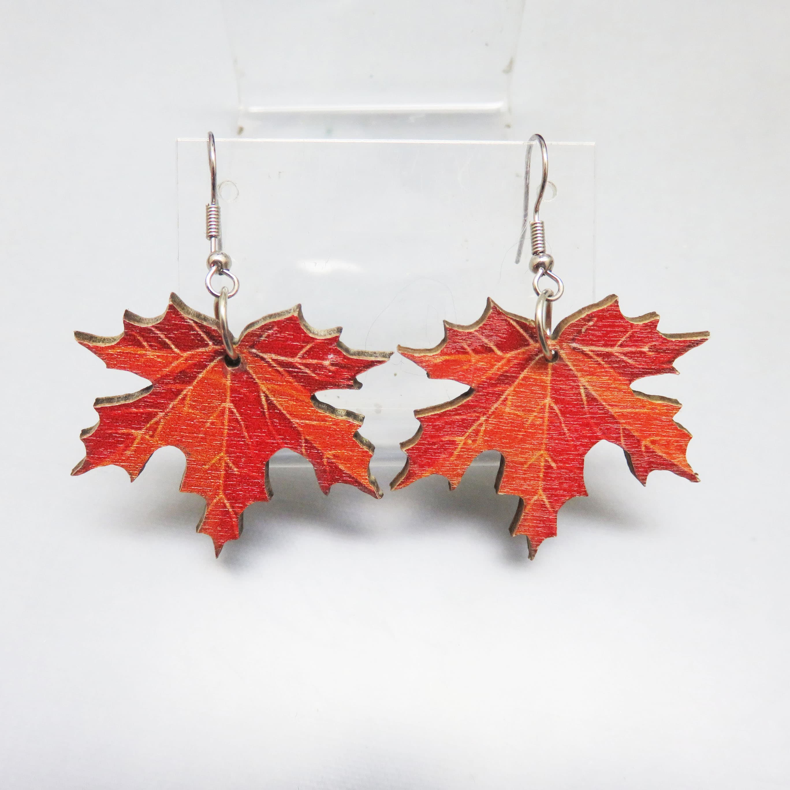 Hand Painted Wood Maple Leaf Earrings, Double Sided Autumn Dangles, French Hook Fall Earrings