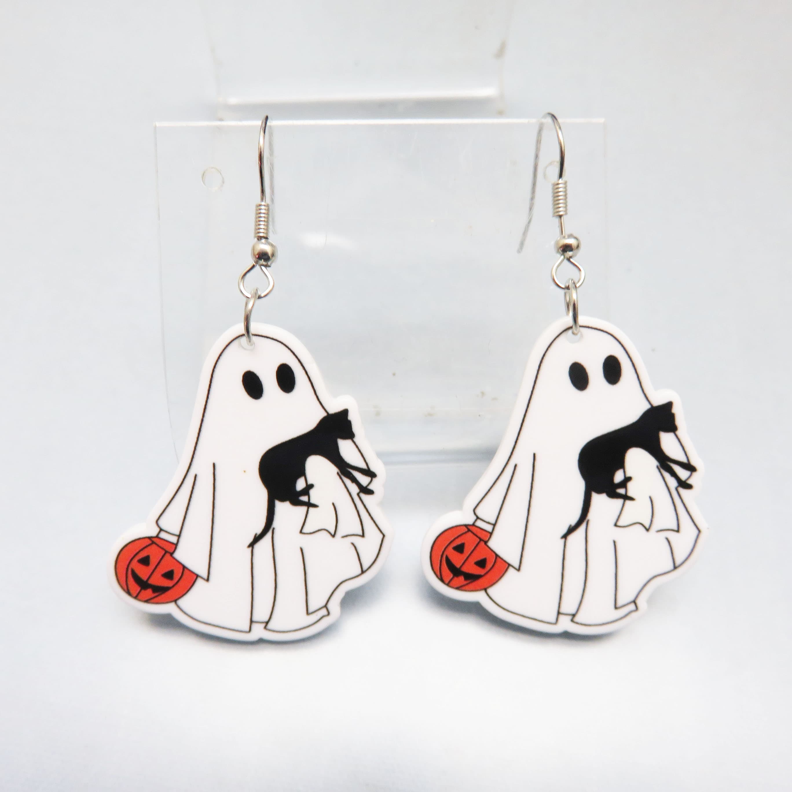 Ghost and Black Cat Halloween Earrings, Acrylic French Hook Dangles, Trick or Treat Earrings