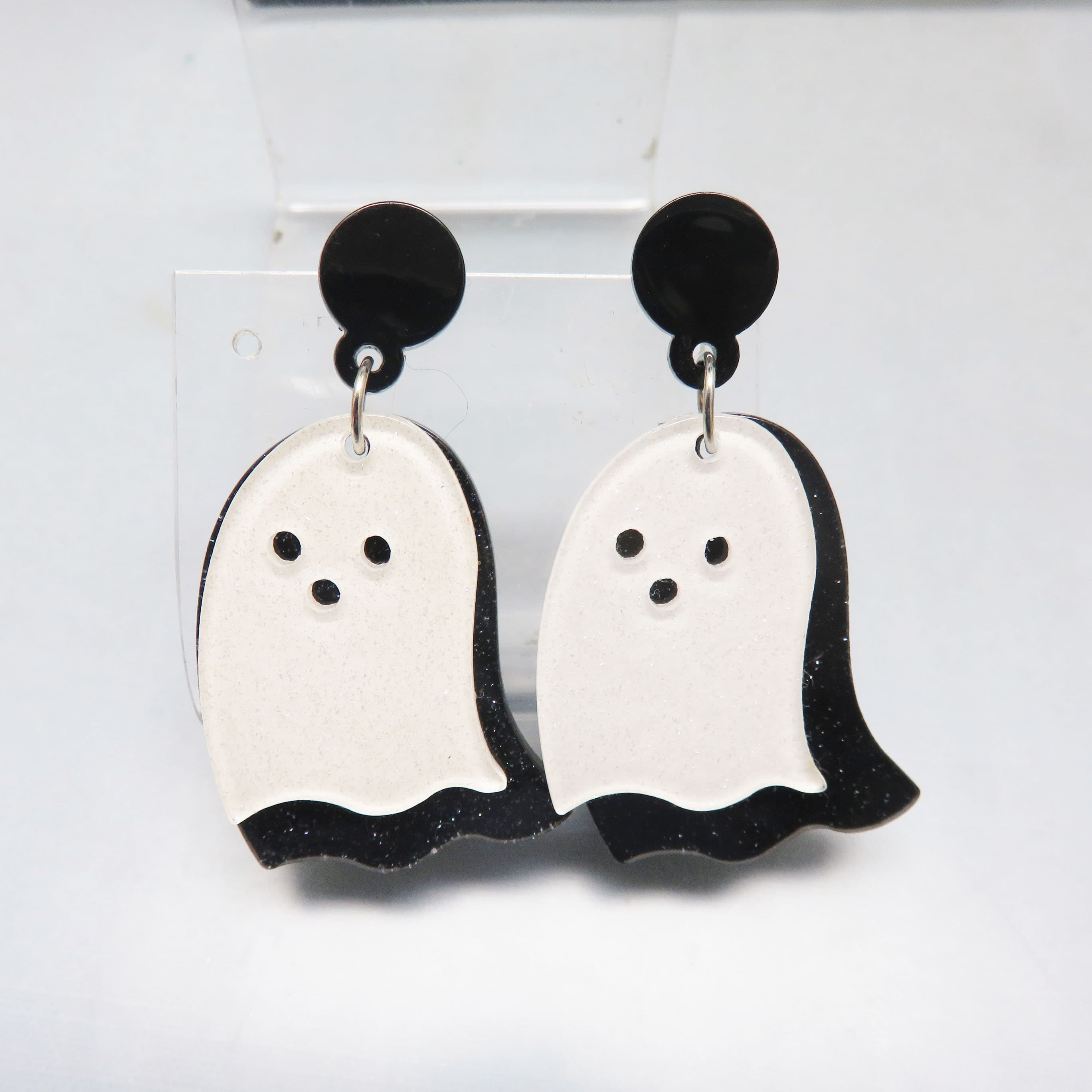 Layered Ghost Halloween Earrings, Black and White Acrylic Post Dangles, Two Piece Ghost Earrings