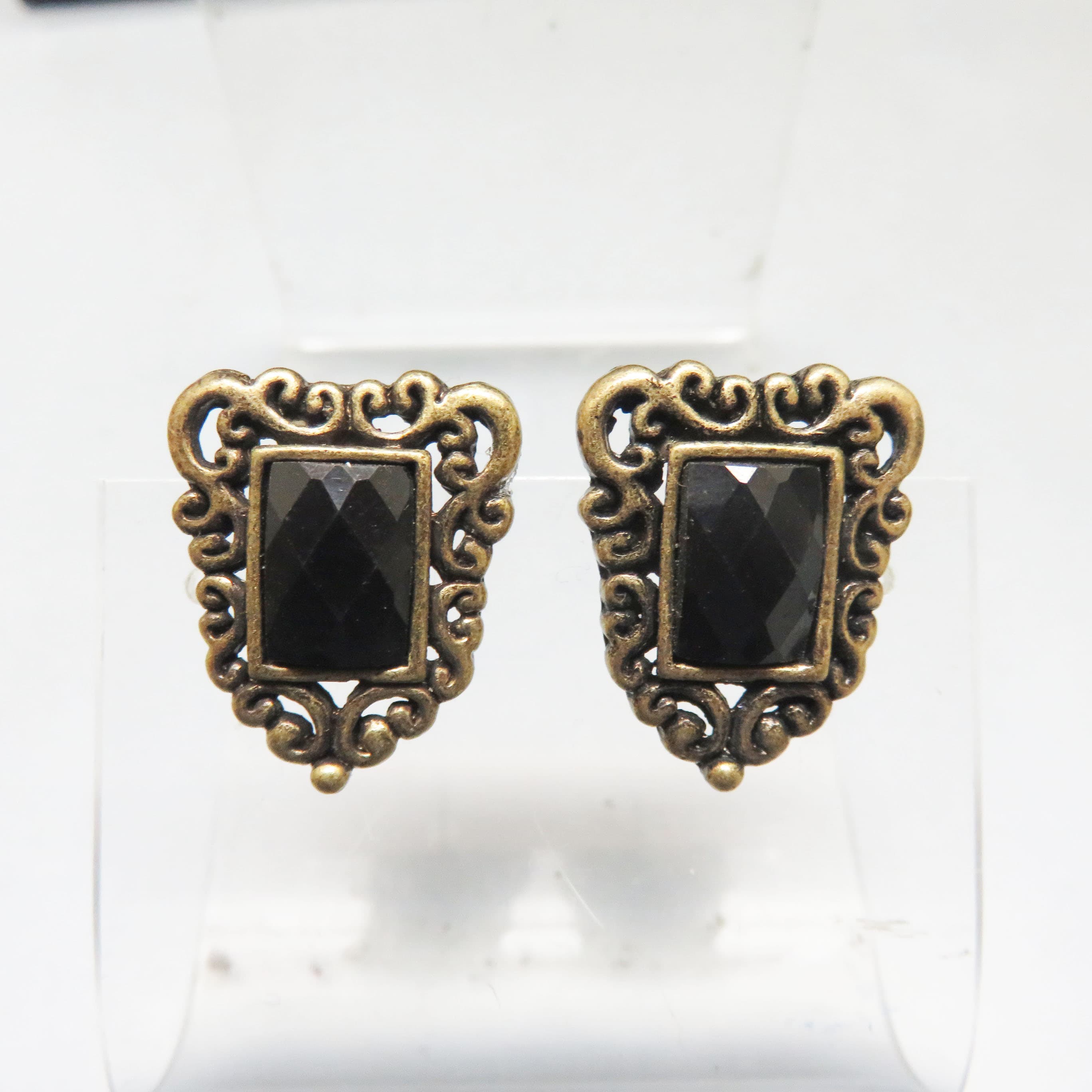 Gothic Black Stone Earrings, Antiqued Goldtone Crest Post Earrings, Victorian Style Halloween Jewelry