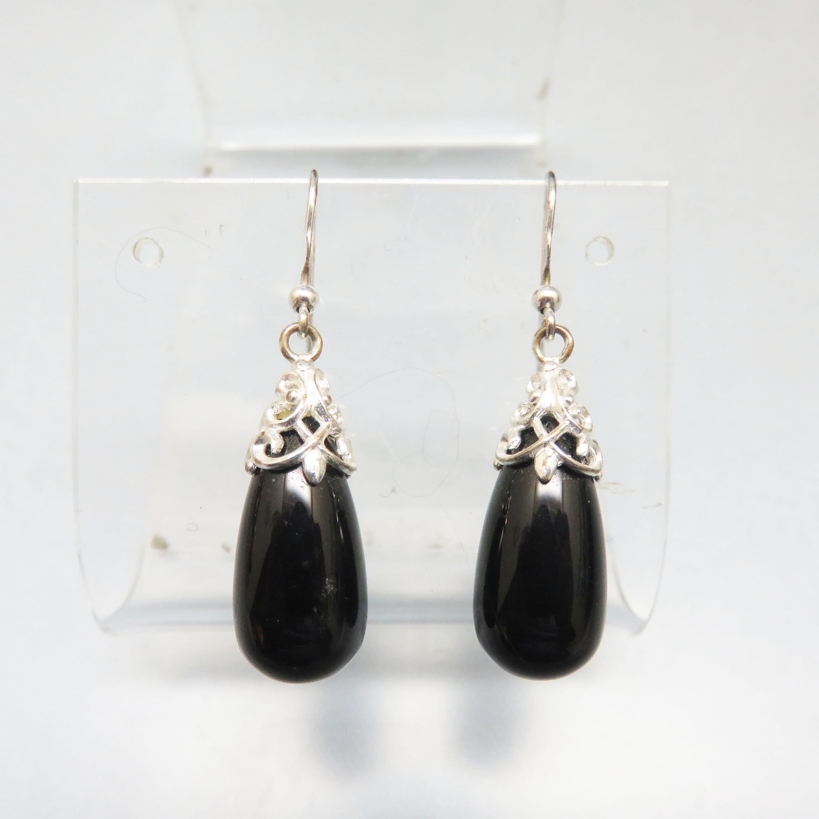 Black Onyx Sterling Silver Earrings, Gothic Teardrop French Hook Dangles, 925 Silver Earrings