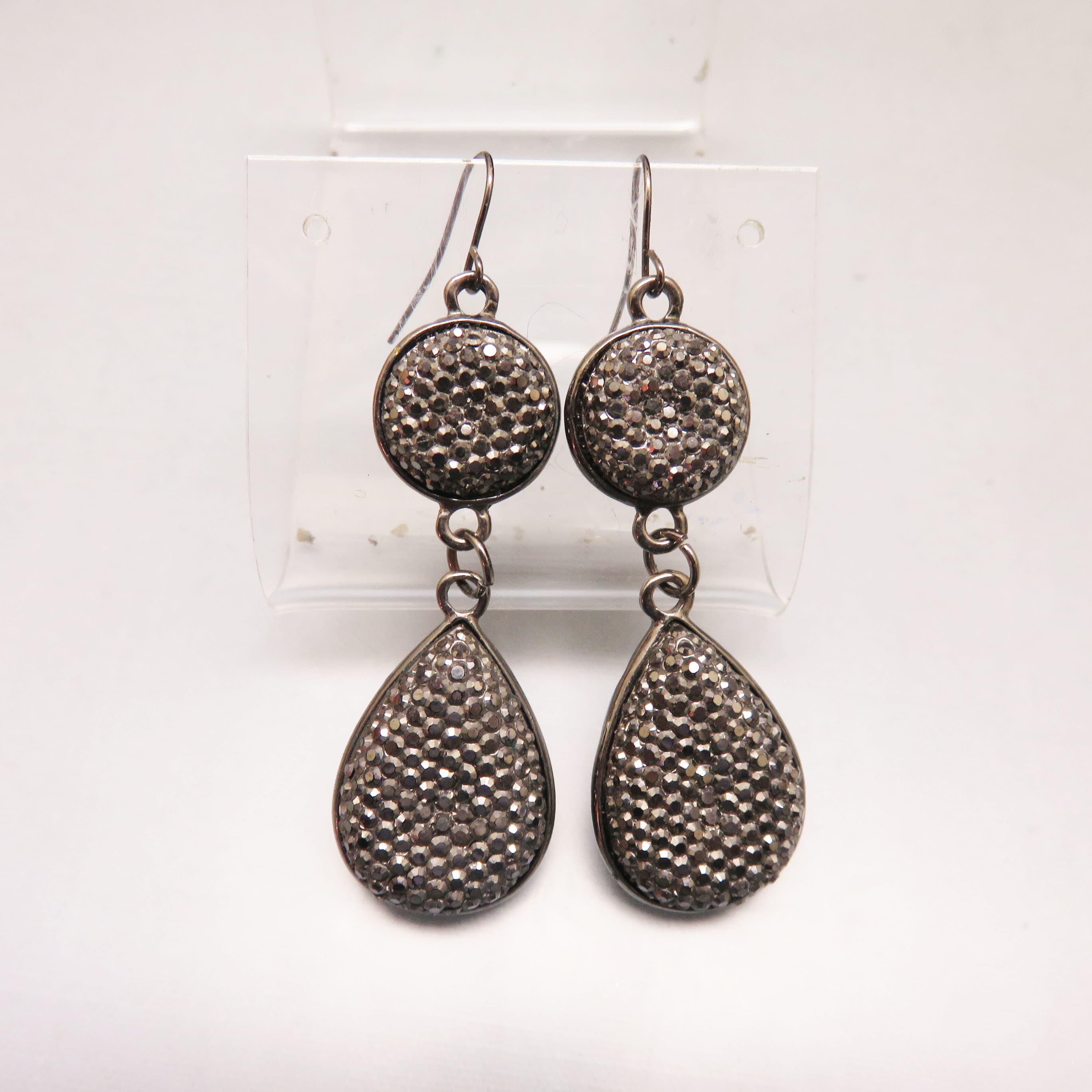 Gothic Marcasite Rhinestone Earrings, Dark Silvertone Teardrop Dangles, Halloween Statement Earrings