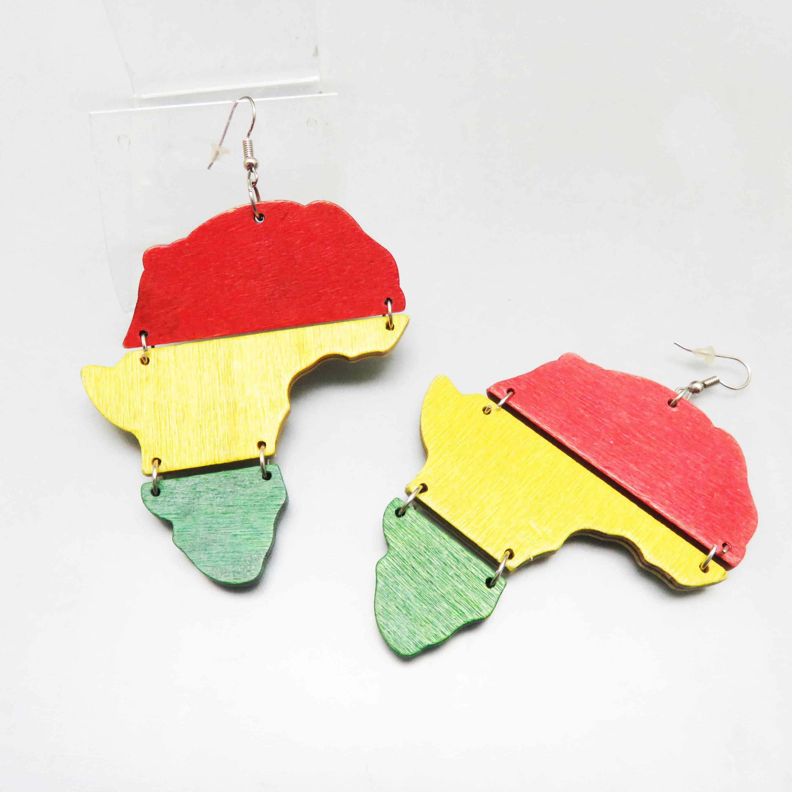 Oversized Wooden Africa Earrings – Red Yellow Green Segmented Dangles – Lightweight Statement Earrings