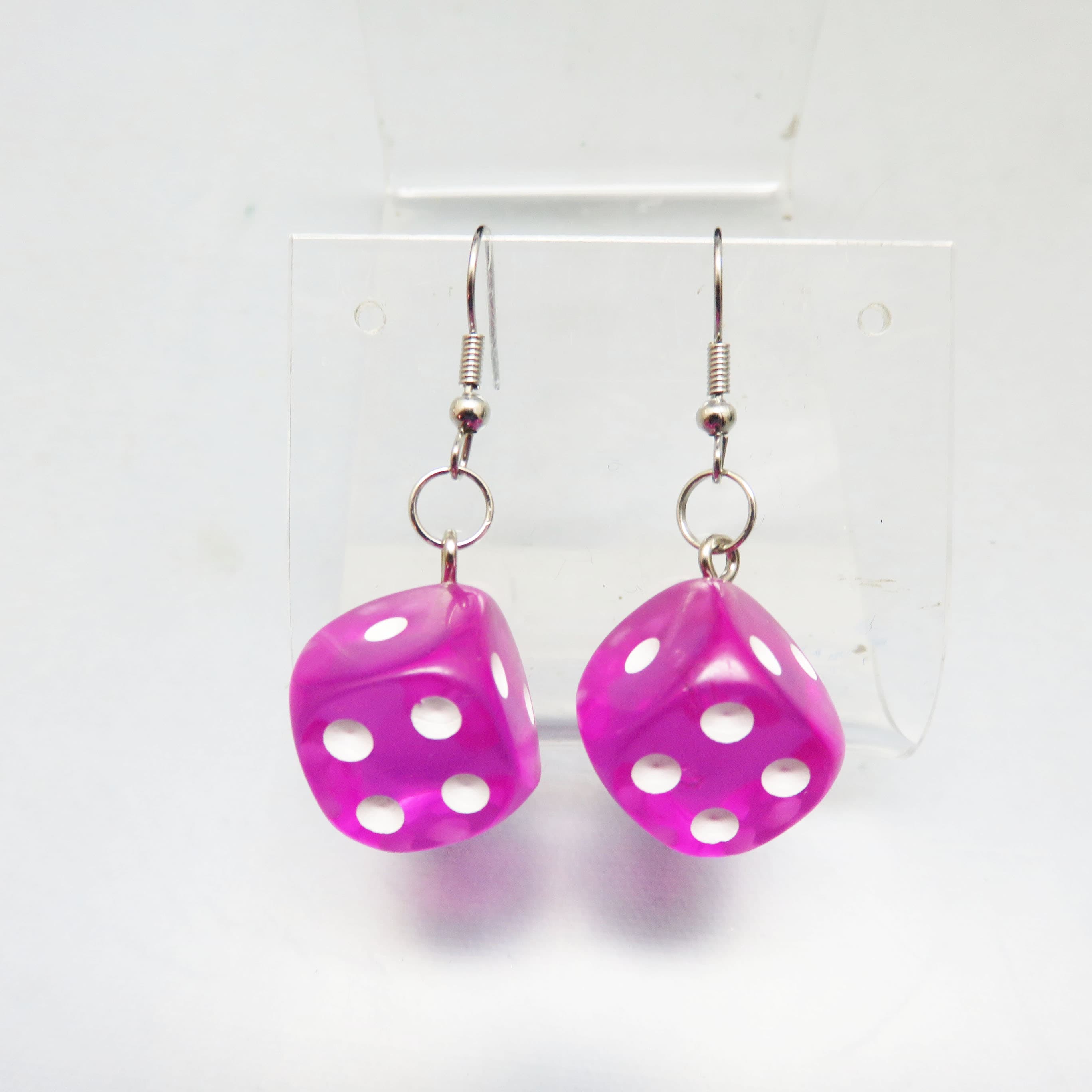 Fuchsia Dice Earrings – Translucent Pink Plastic Dice Dangles – Fun Novelty Pierced Earrings