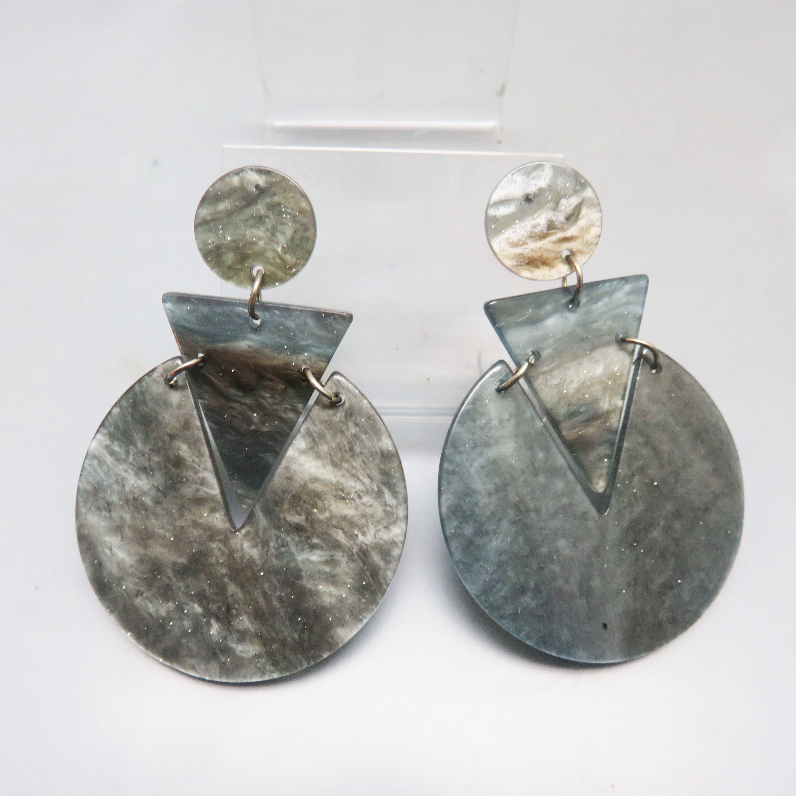 Smoky Gray Geometric Acrylic Earrings – Marbled Translucent Statement Posts – Modernist Dangle Earrings