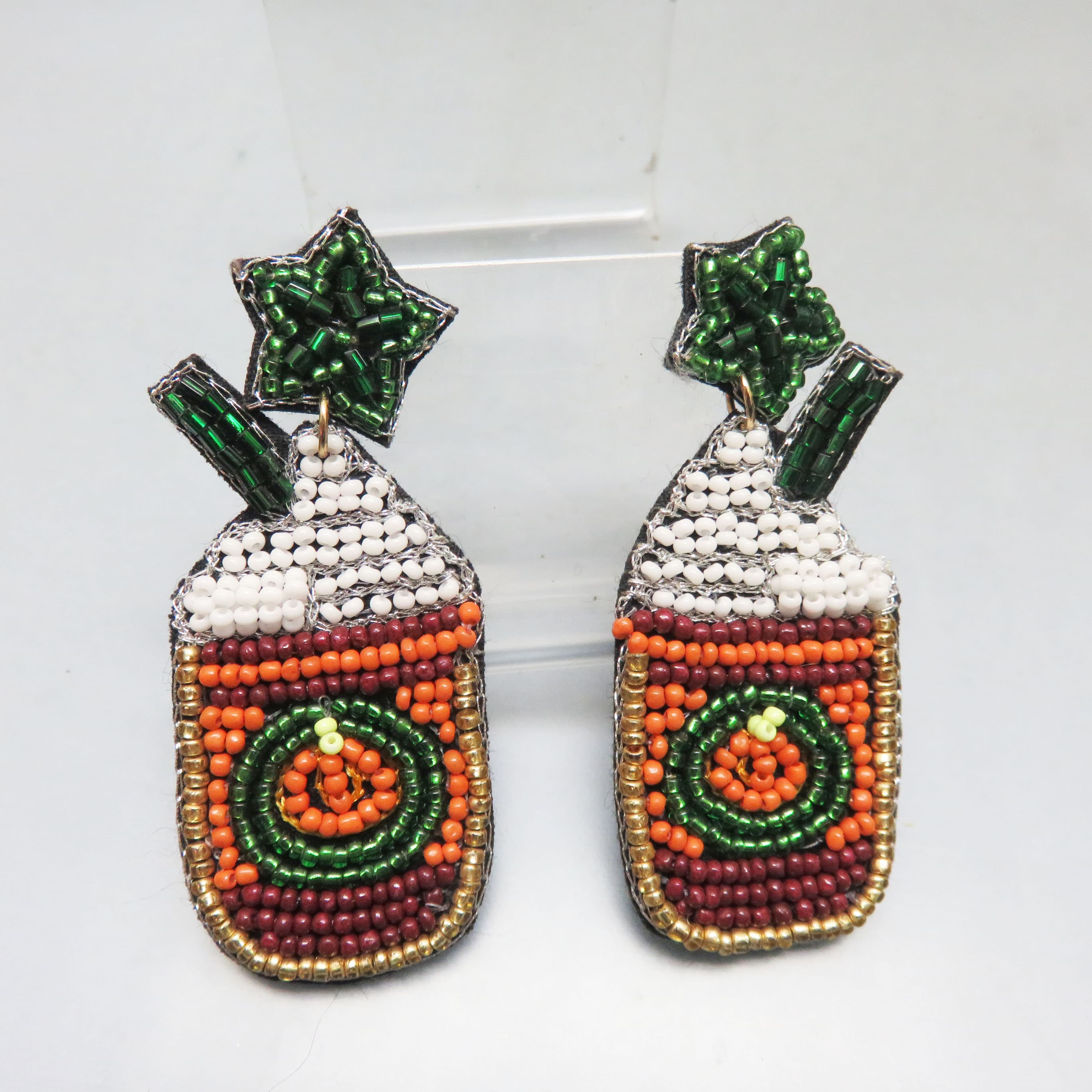 Hand Beaded Fancy Coffee Earrings – Whipped Cream Drink Statement Posts – Fun Novelty Earrings