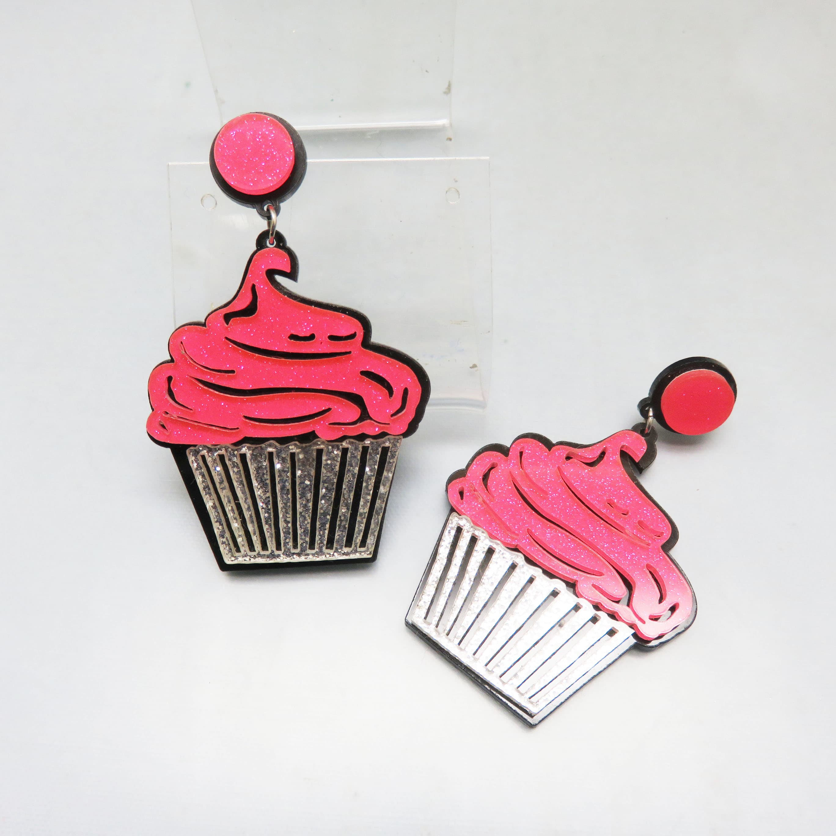 Pink Glitter Cupcake Earrings – Layered Acrylic Dessert Statement Posts – Fun Novelty Earrings