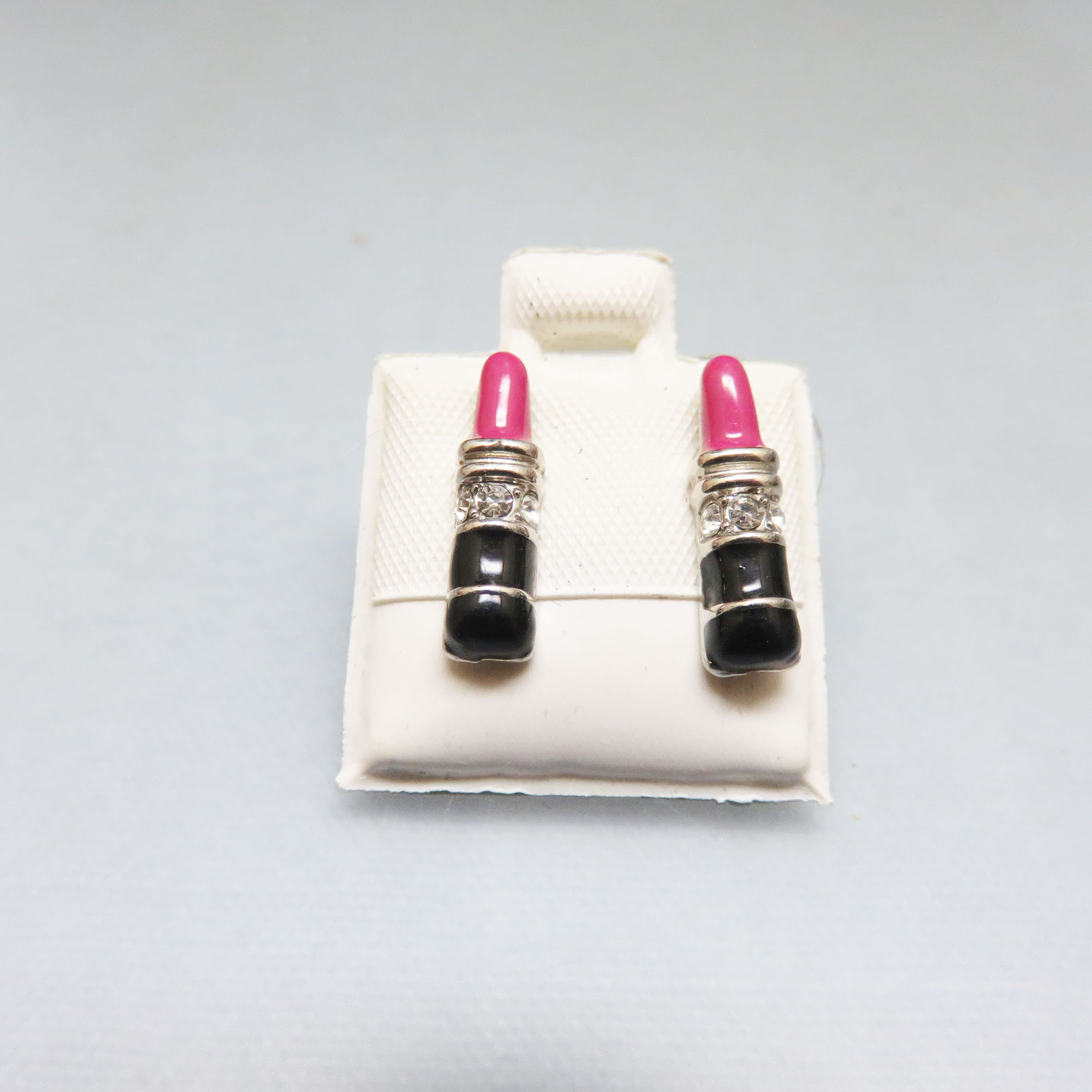 Mini Lipstick Earrings – Pink Enamel Rhinestone Studs – Silvertone Novelty Post Earrings