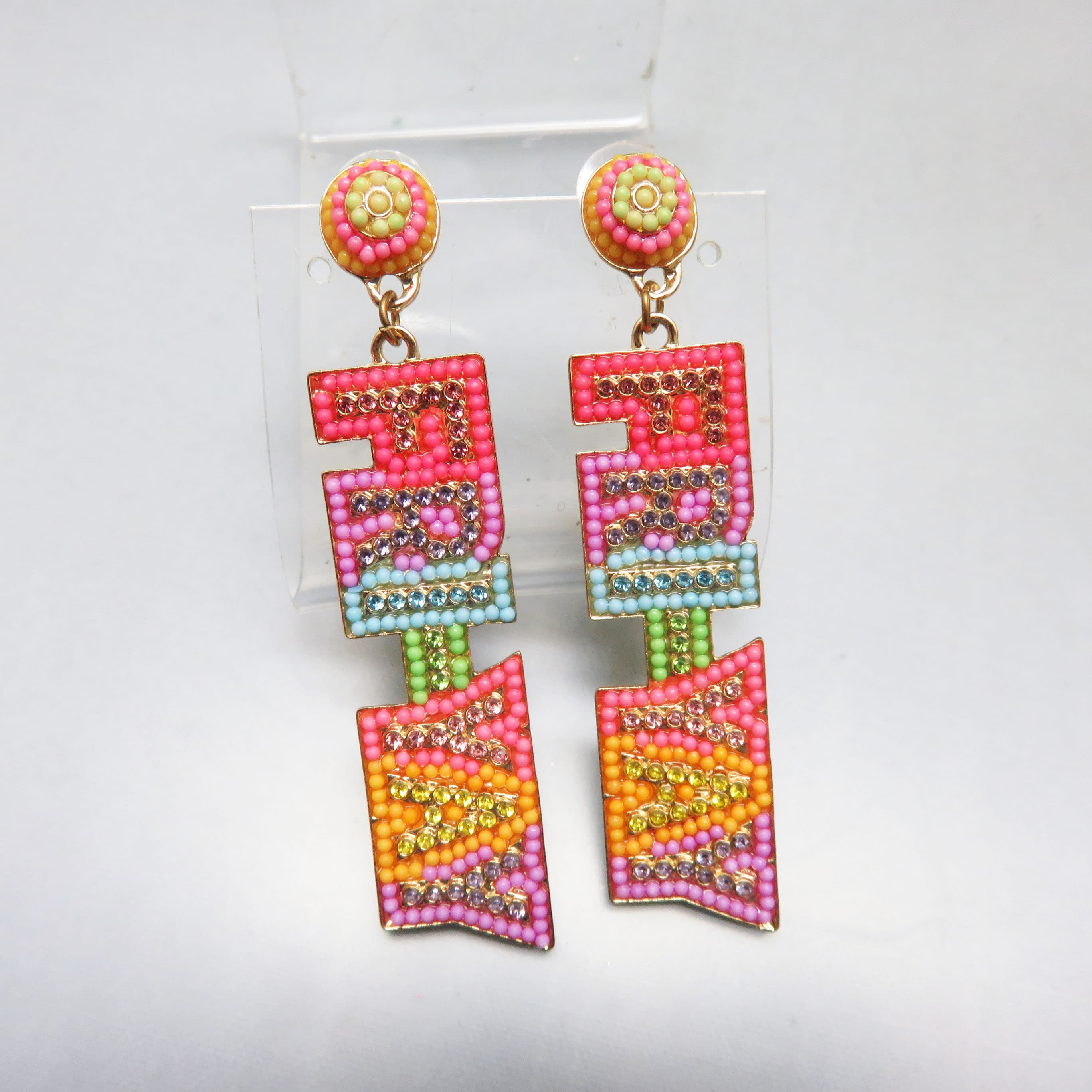FRI-YAY Statement Earrings – Colorful Rhinestone Beaded Goldtone Dangles – Fun Friday Novelty Earrings