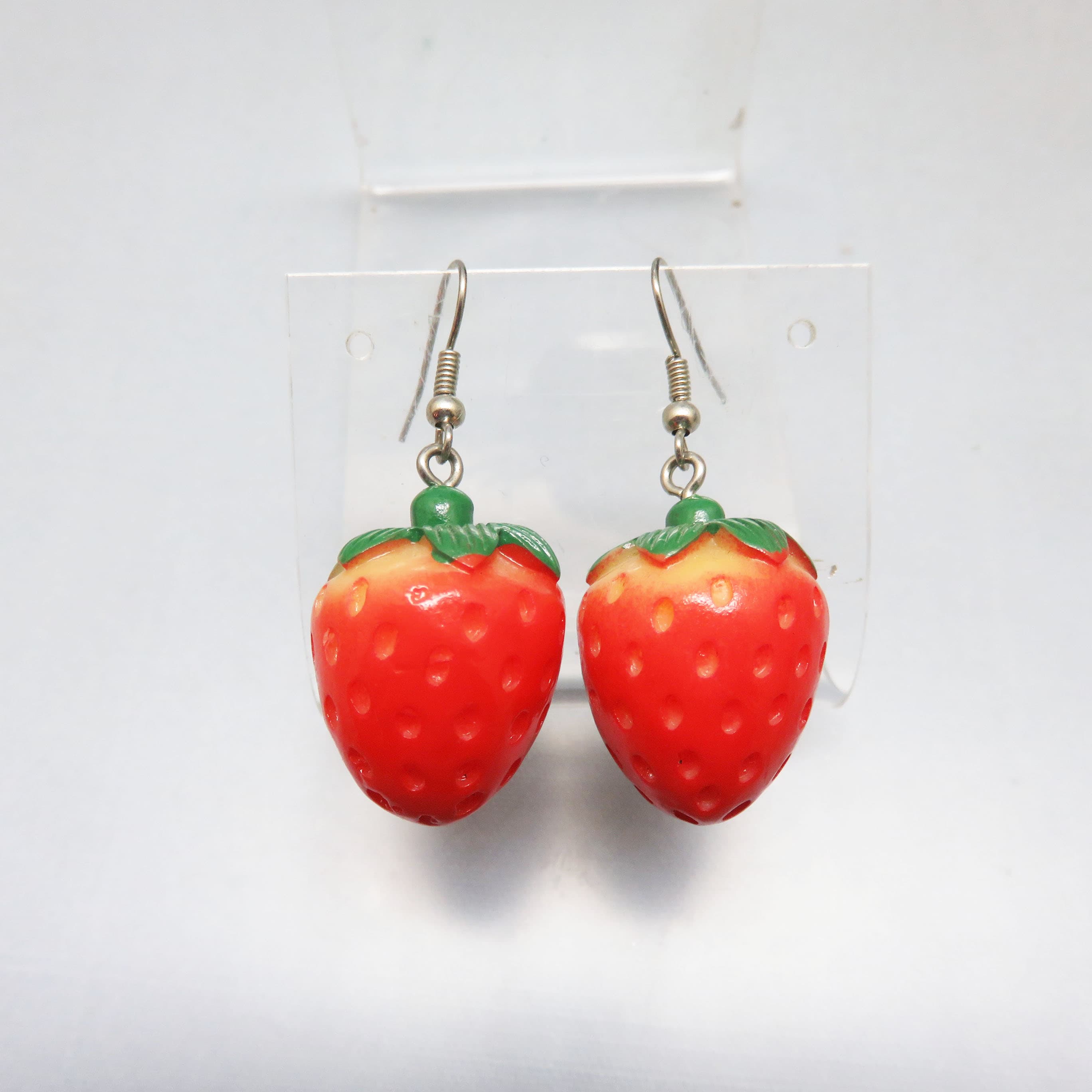 Lifelike Strawberry Earrings – Bright Red 3D Fruit Dangles – Fun Novelty French Hook Earrings