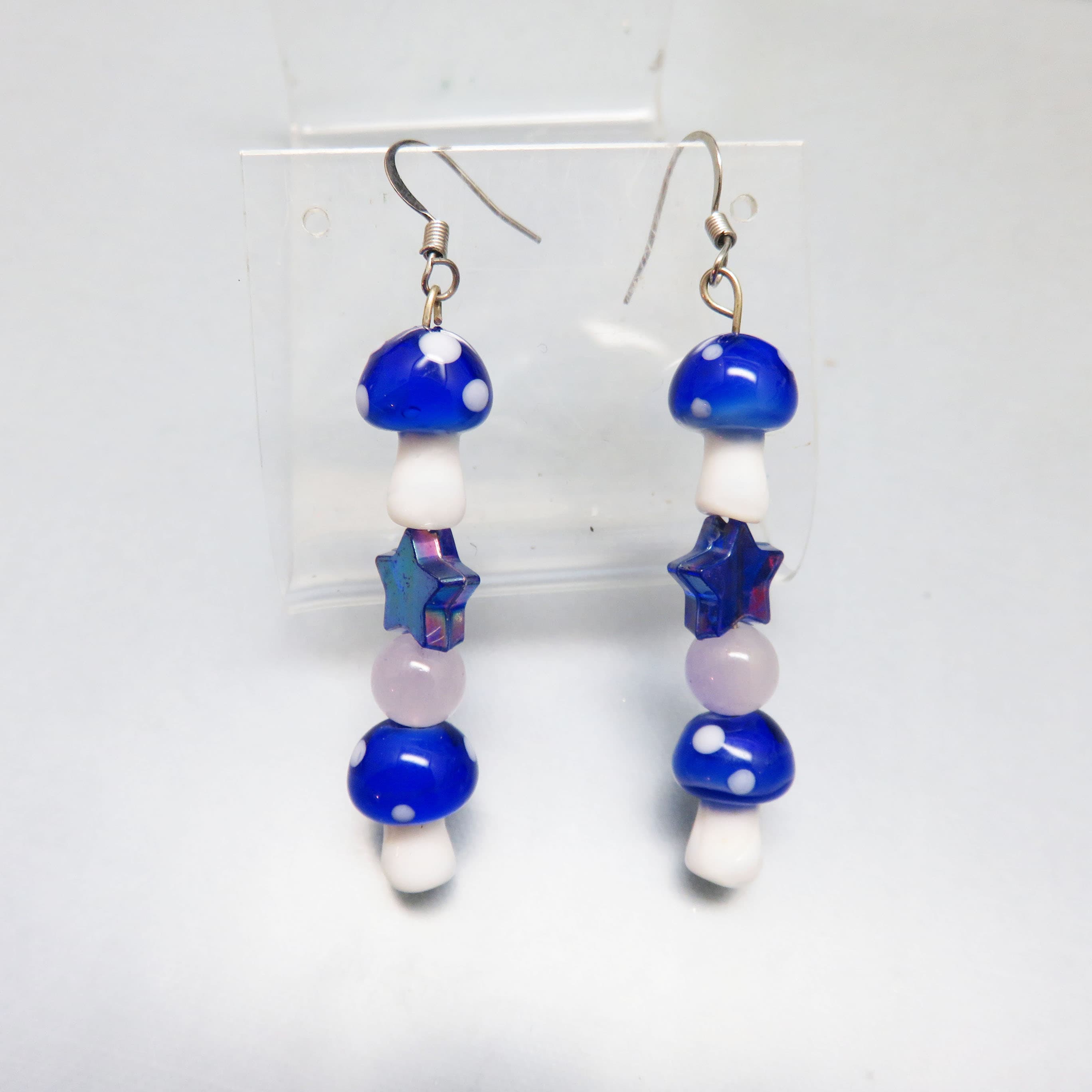 Blue Glass Mushroom Earrings – Iridescent Star Beaded Dangles – Fairycore Whimsical French Hook Earrings