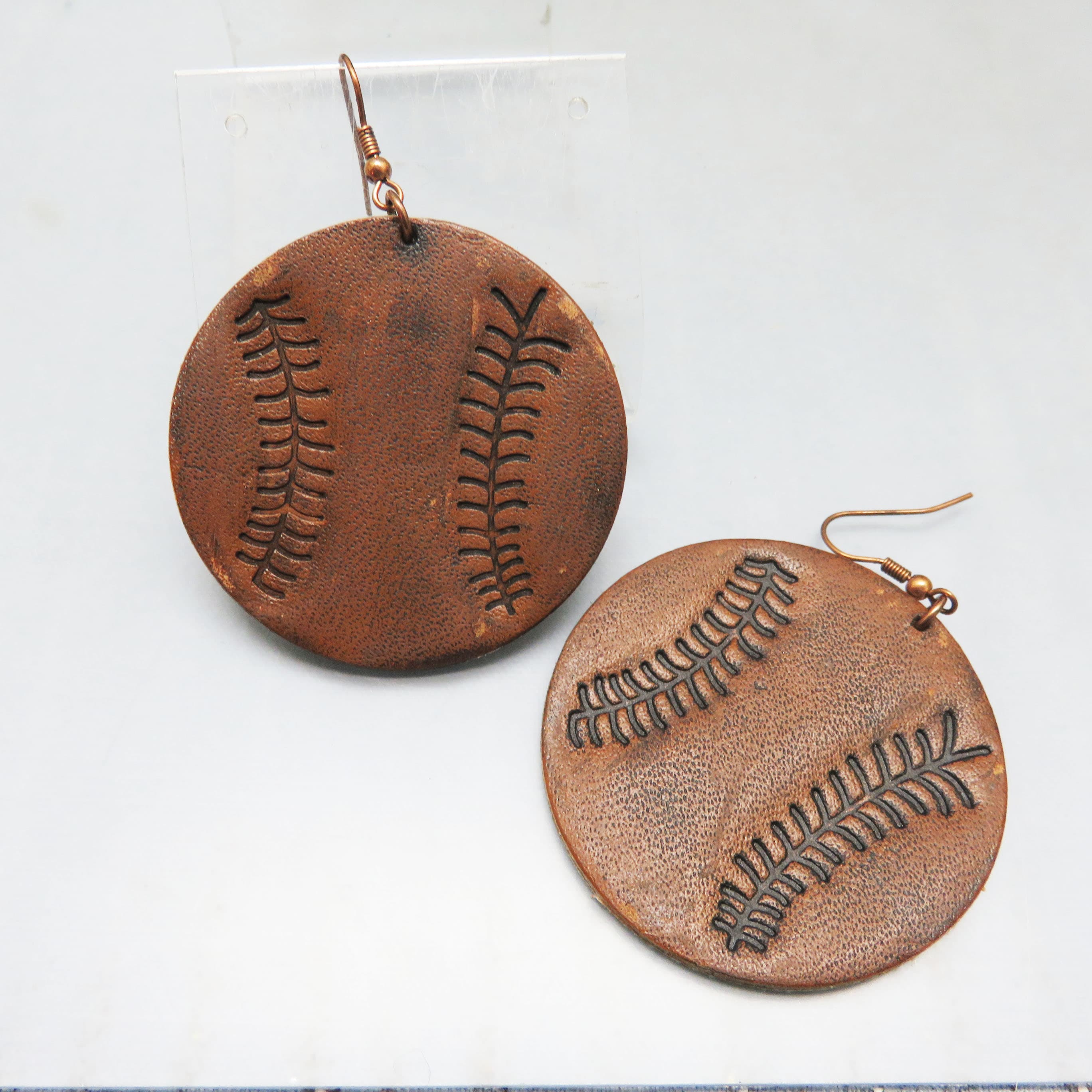 Handmade Leather Baseball Earrings – Oversized Tooled Sports Dangles – Vintage French Hook Statement Earrings