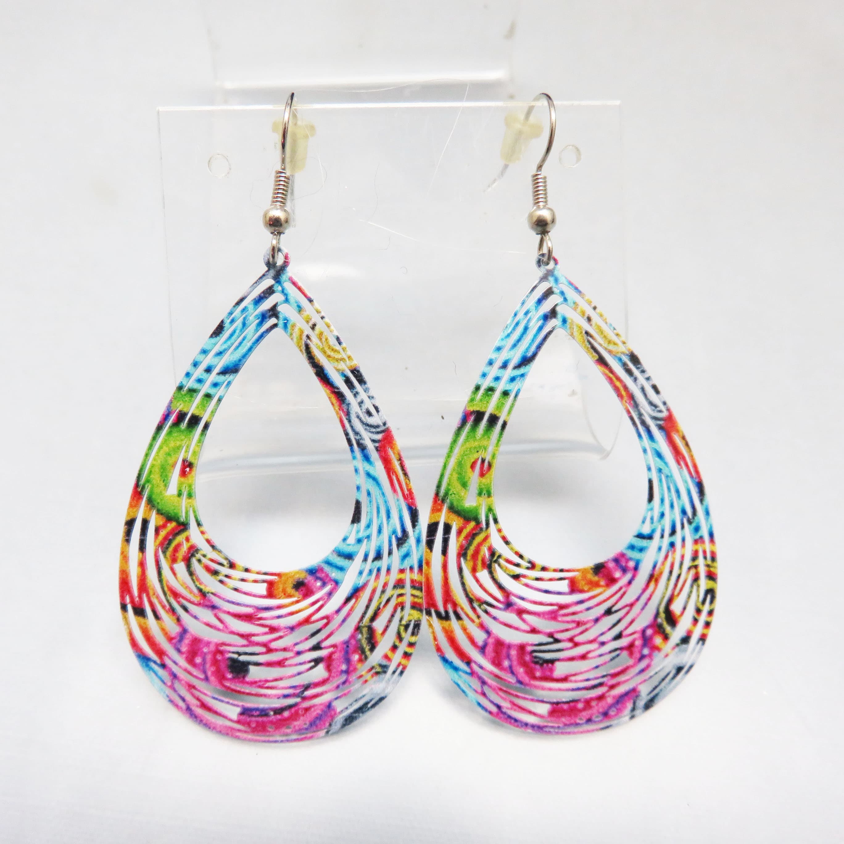 Psychedelic Teardrop Earrings – Colorful Cutout Metal Dangles – Abstract Modern Statement Earrings
