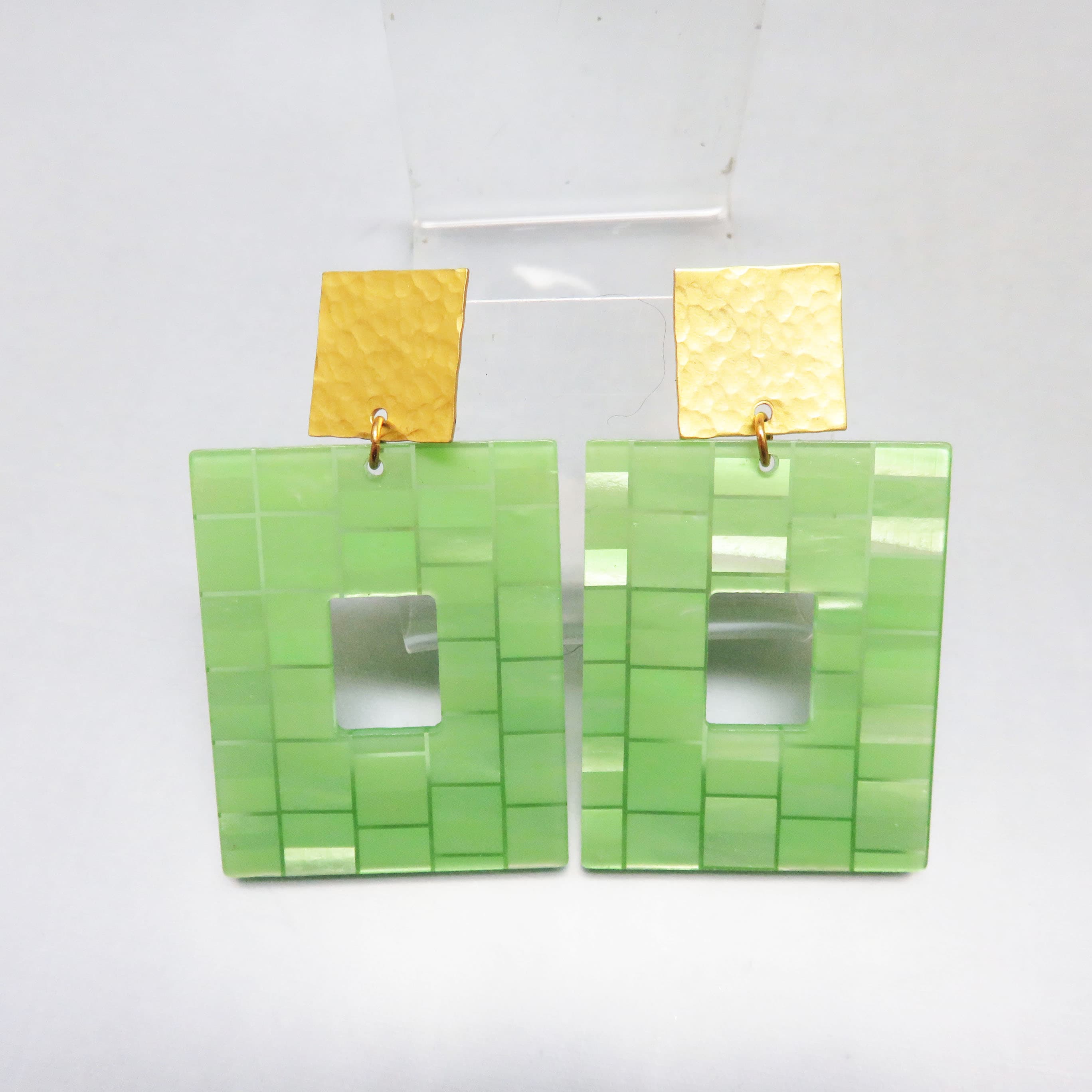 Green Geometric Acrylic Earrings – Hammered Goldtone Square Posts – Modern Statement Dangle Earrings