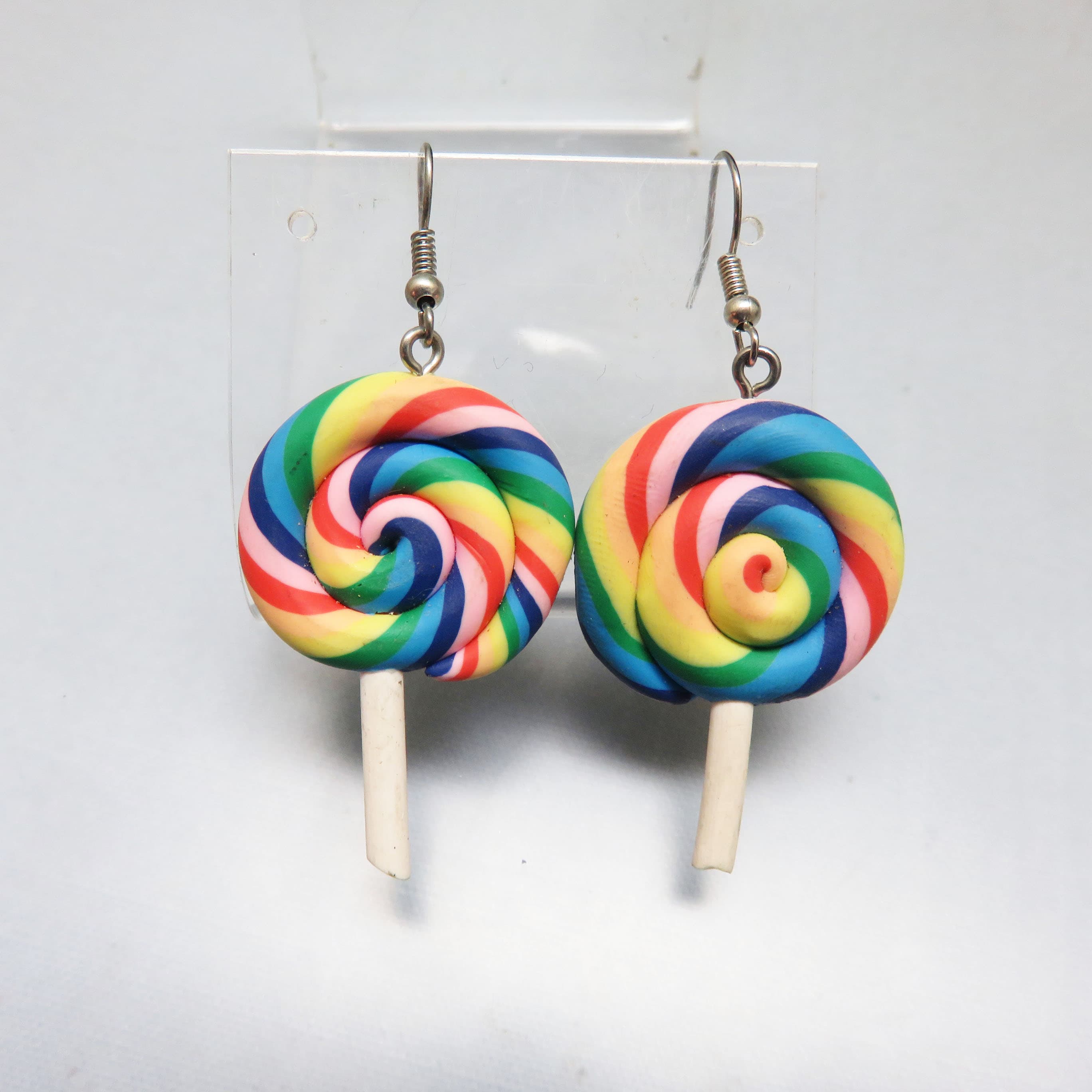 Rainbow Lollipop Earrings – Handmade Polymer Clay Candy Earrings – Colorful Whimsy French Hook Dangles