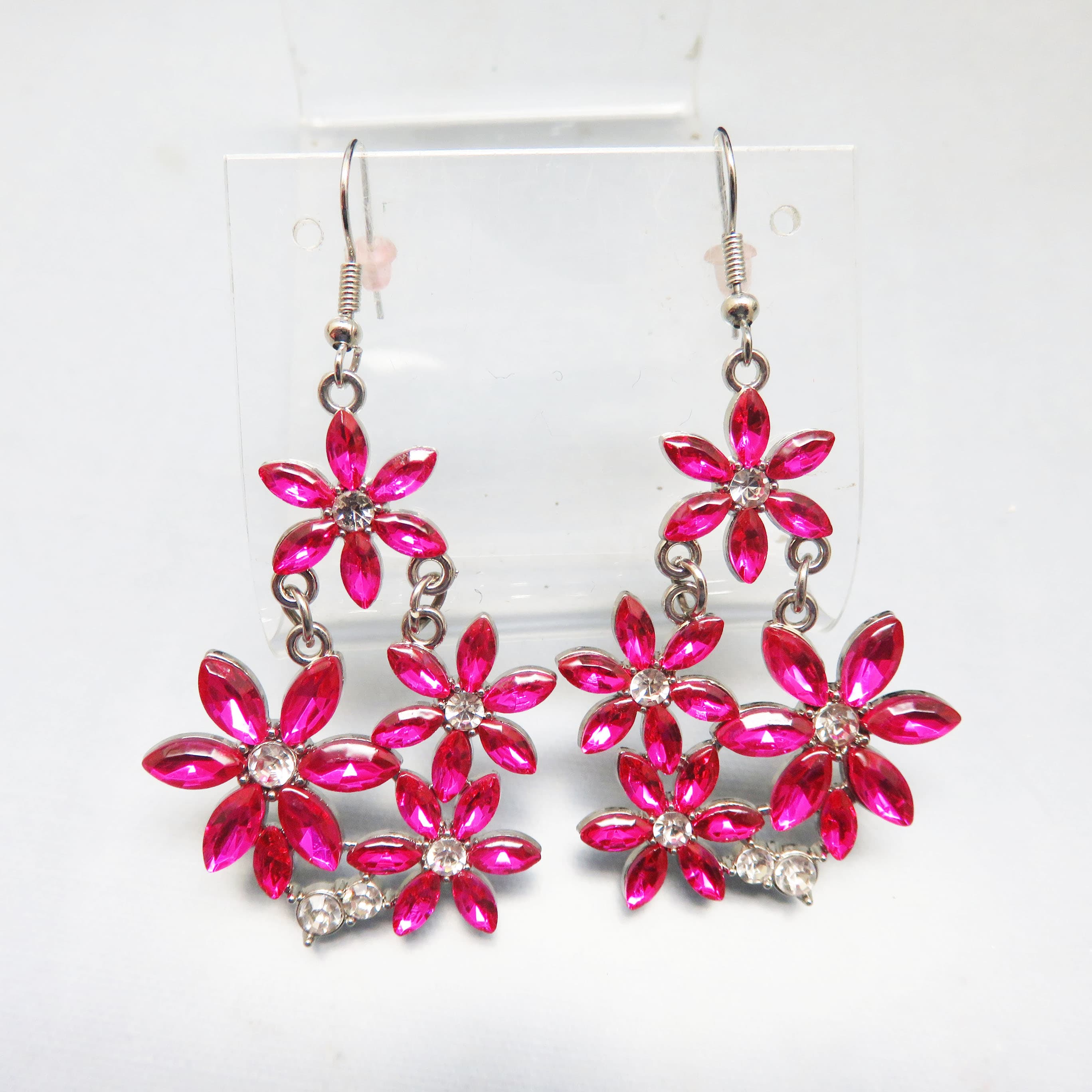 Fuchsia Rhinestone Flower Earrings – Sparkling Floral Chandelier Dangles – Bright Pink Statement Earrings
