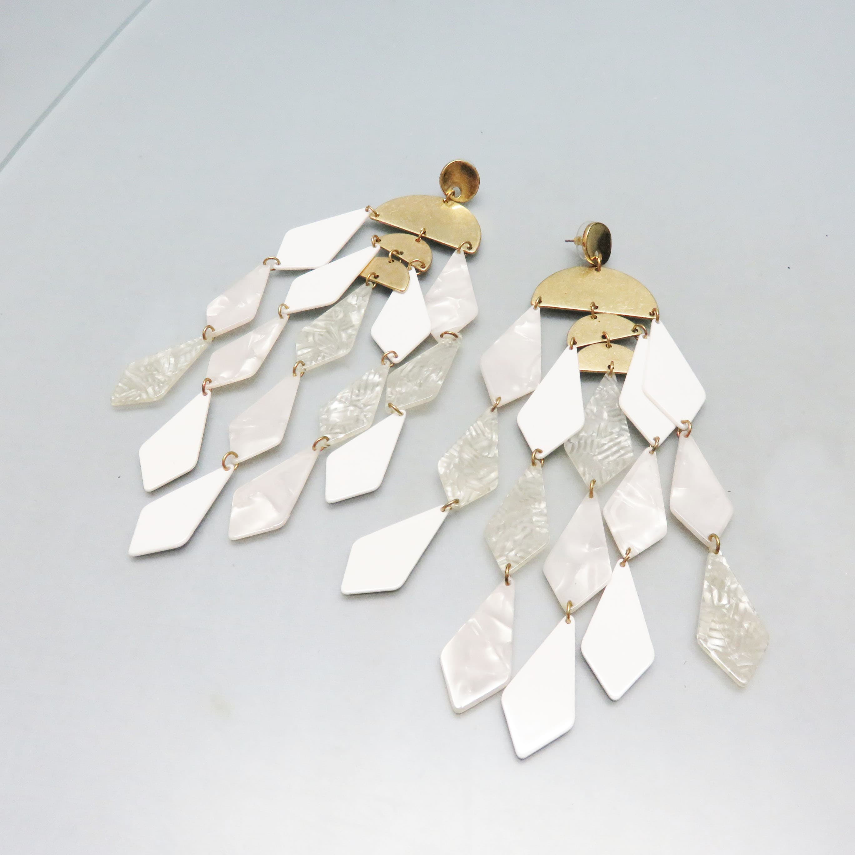 Extra Long Acrylic Chandelier Earrings – Pearlized White Geometric Dangles – Goldtone Vintage Statement Earrings
