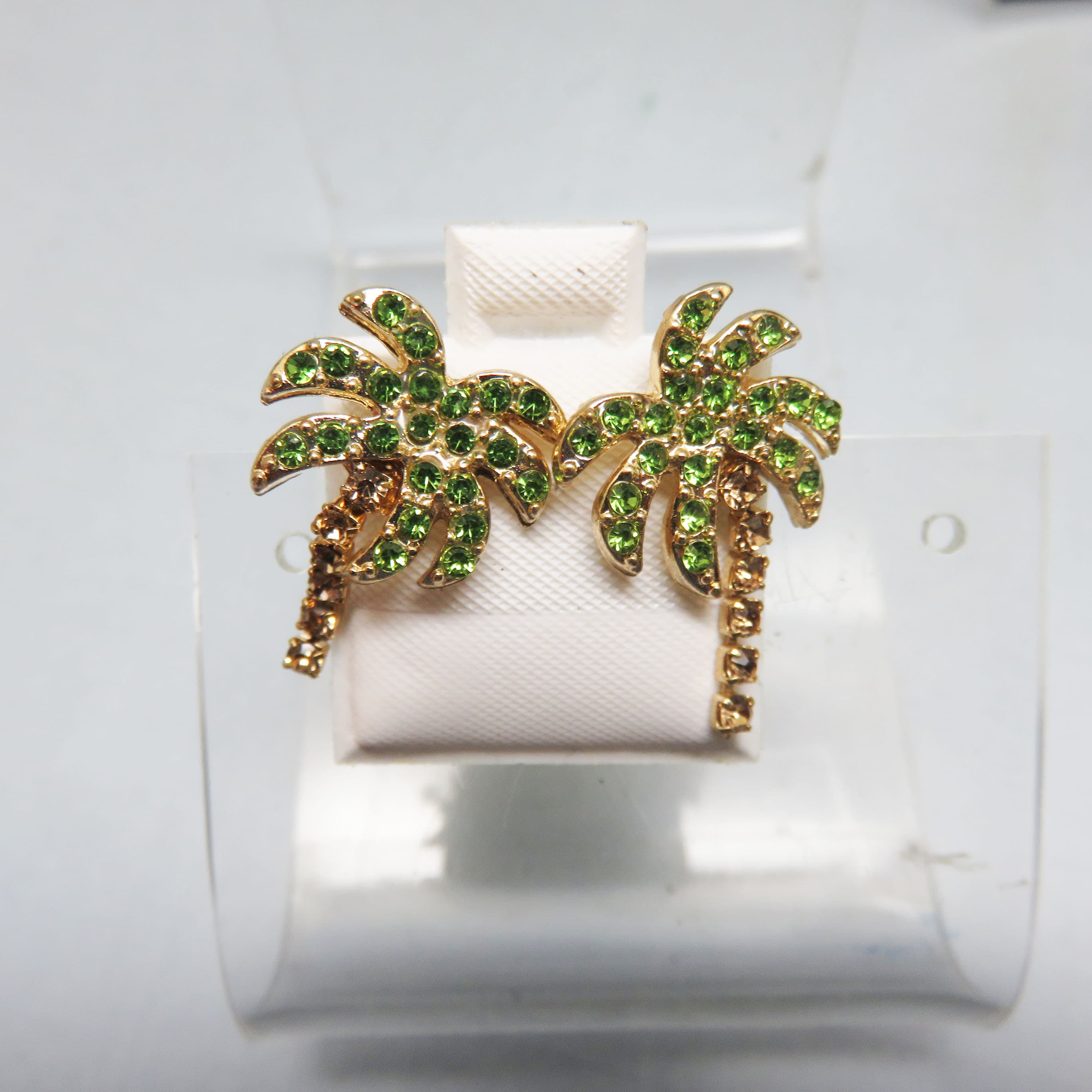 Rhinestone Palm Tree Earrings – Green Crystal Goldtone Tropical Post Earrings – Coastal Statement Jewelry