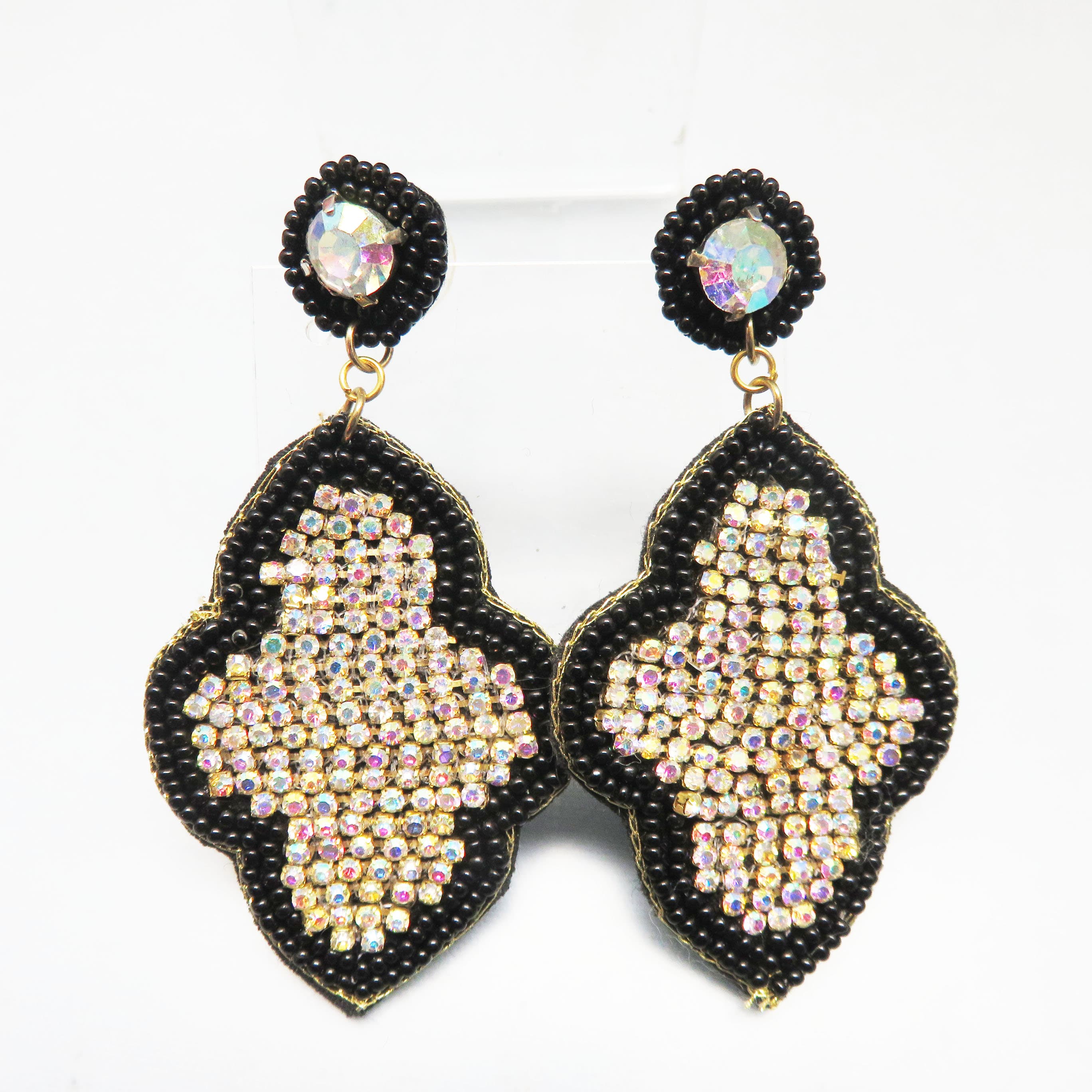 Black Handbeaded & Iridescent Rhinestone Statement Earrings