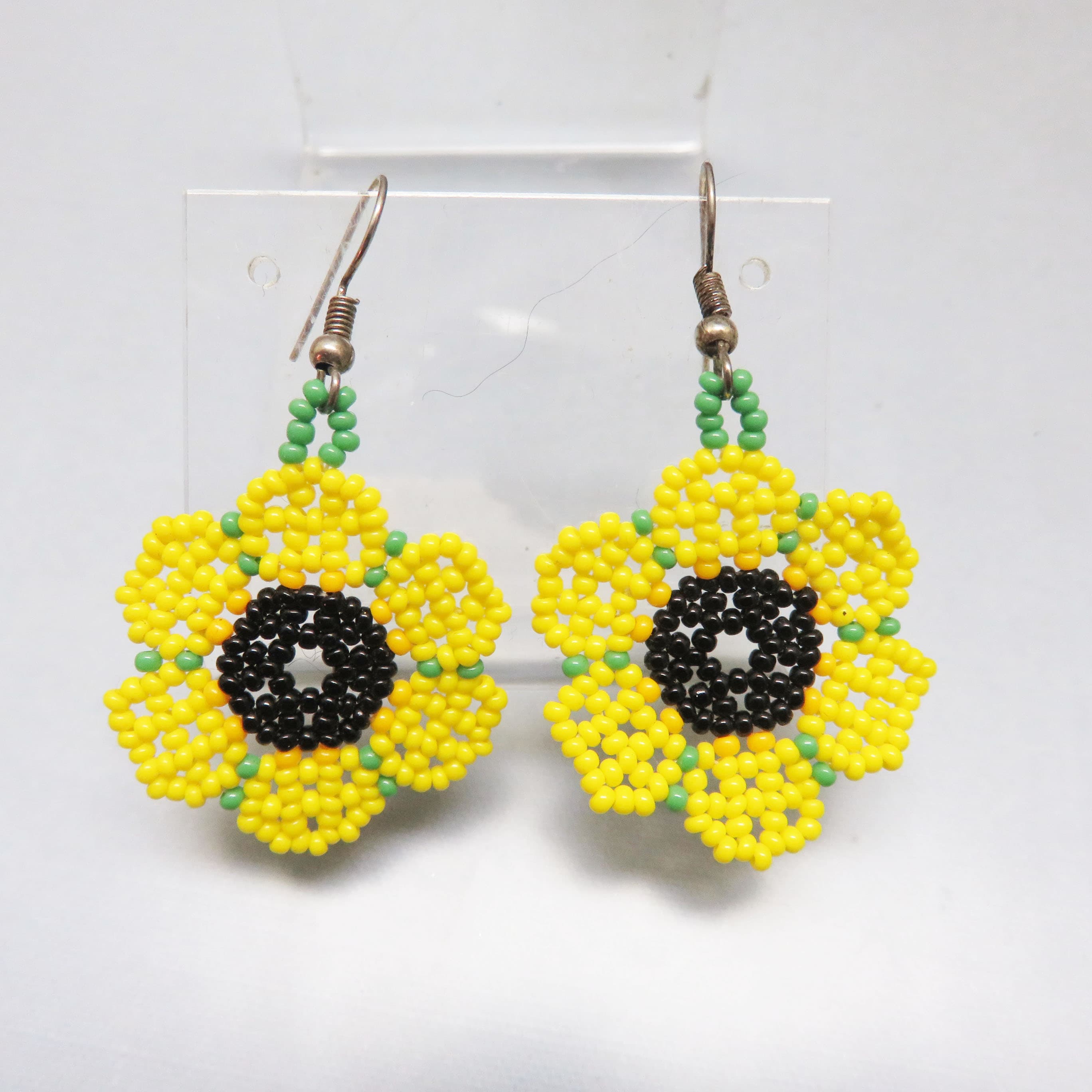 Hand Beaded Sunflower French Hook Earrings