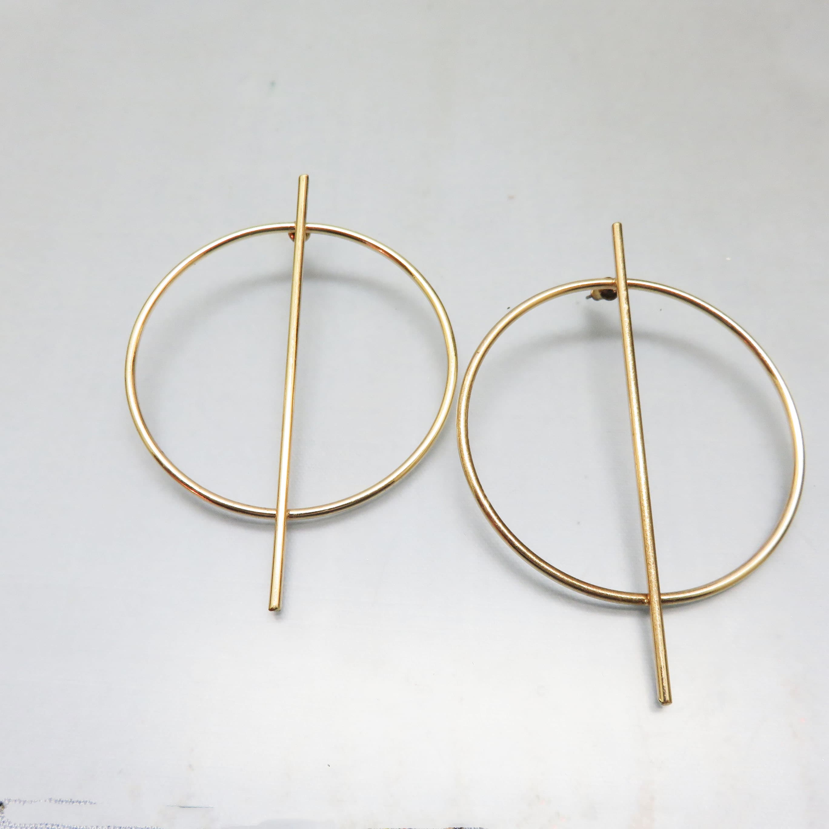 Oversized Goldtone Circle and Bar Statement Earrings