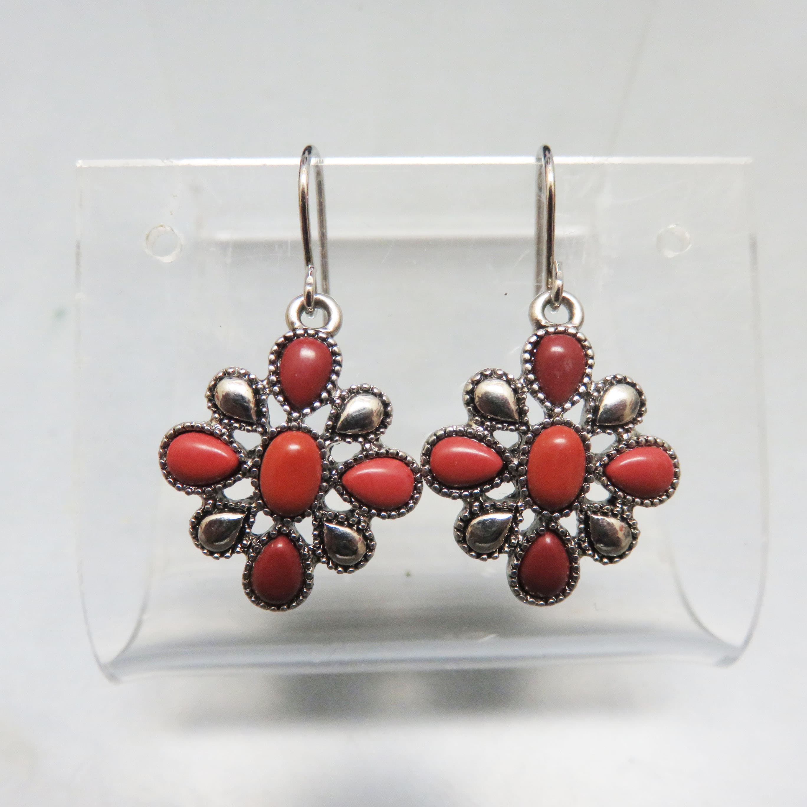 CHAPS Ralph Lauren Faux Coral Floral Drop Earrings – Signed Silvertone French Hooks