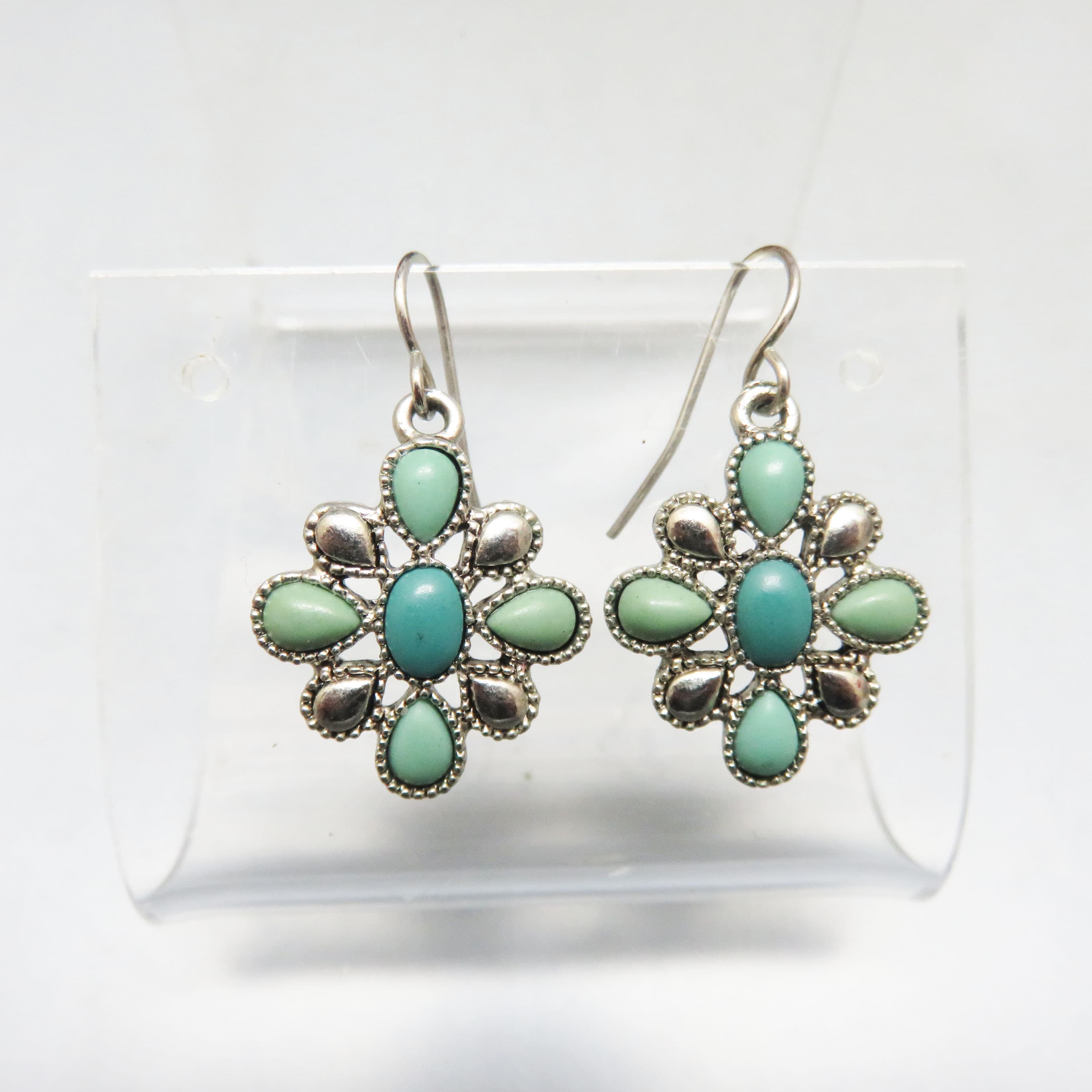 CHAPS Ralph Lauren Turquoise Blue Floral Drop Earrings – Signed Silvertone French Hooks