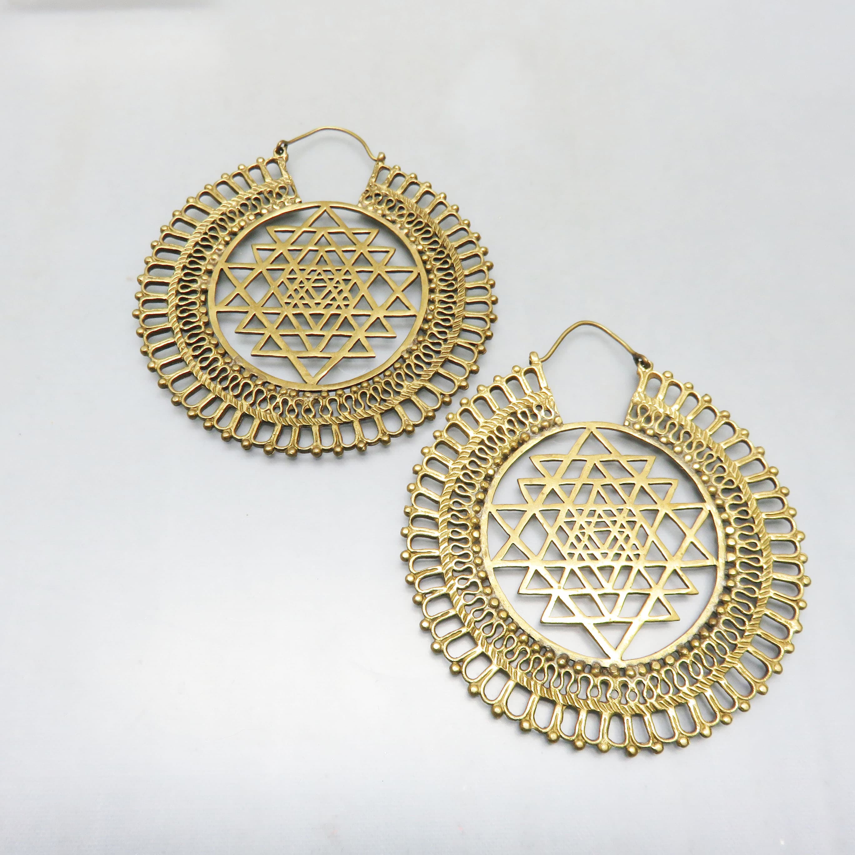 Oversized Brass Sri Yantra Hoop Earrings – Sacred Geometry Statement Earrings