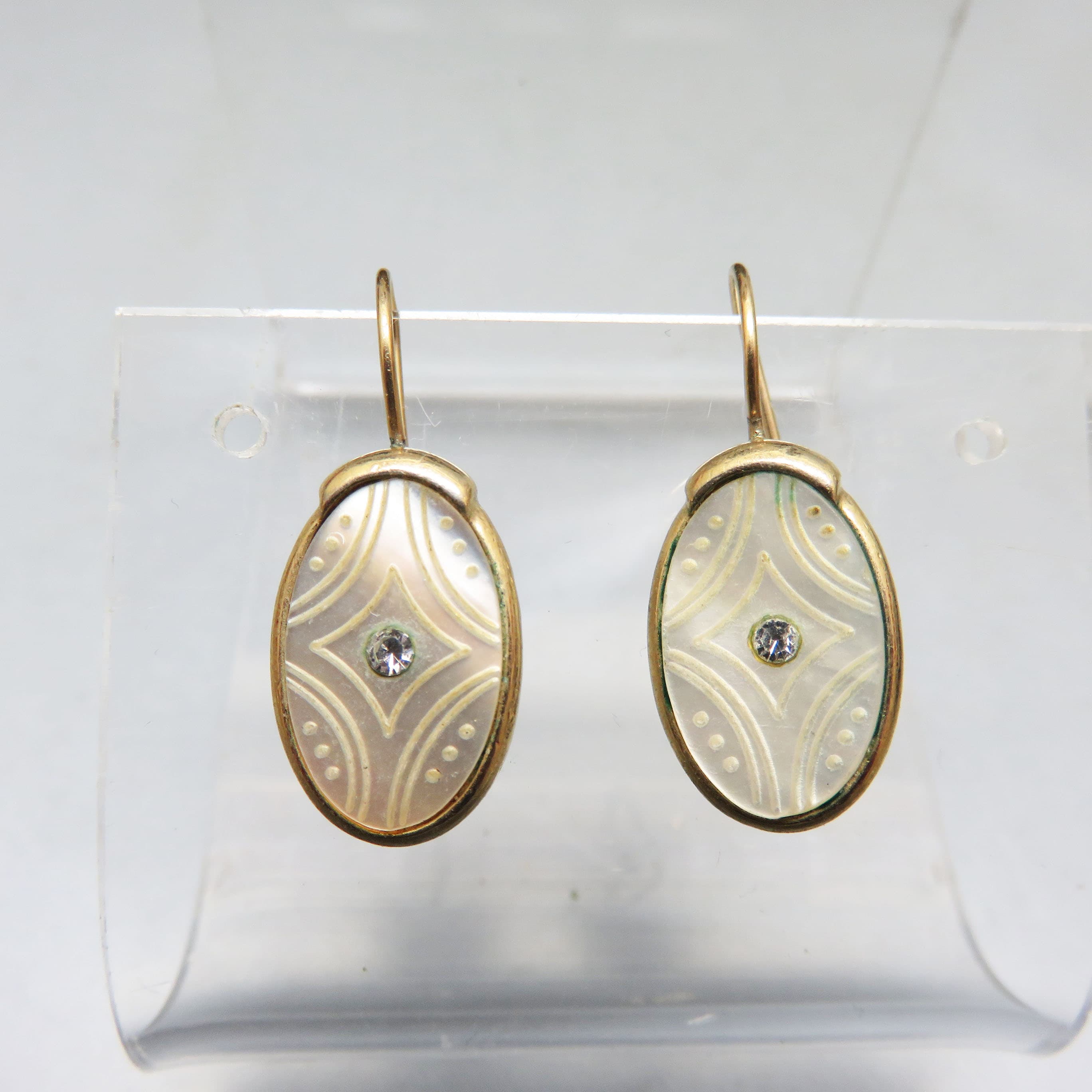 Signed Monet Carved Mother-of-Pearl Earrings – Rhinestone Goldtone Wire Drops