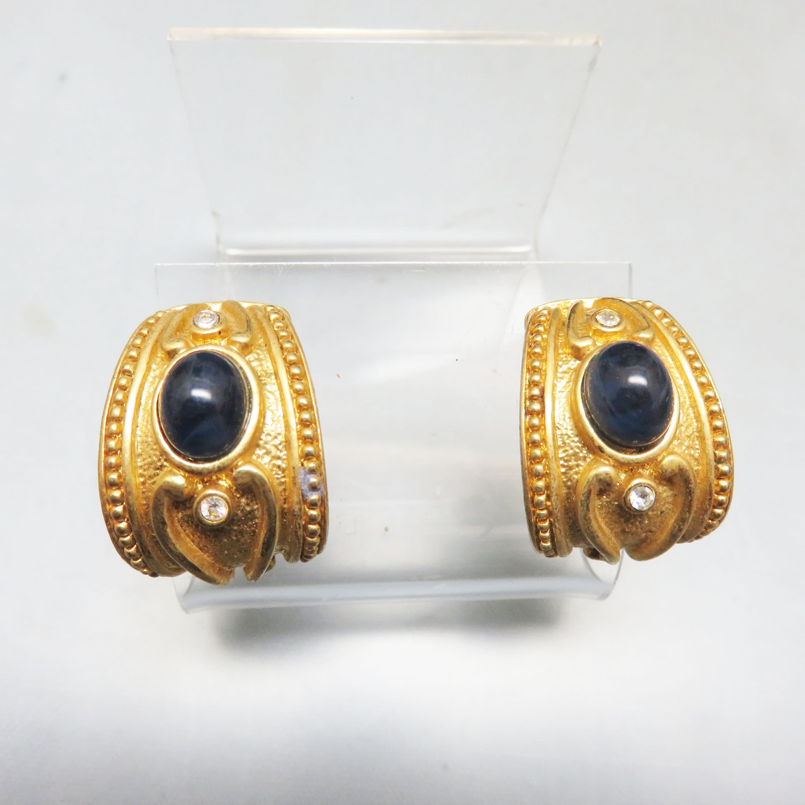 Vintage Avon Blue Lucite Cabochon Half Hoop Earrings – Goldtone Rhinestone Posts