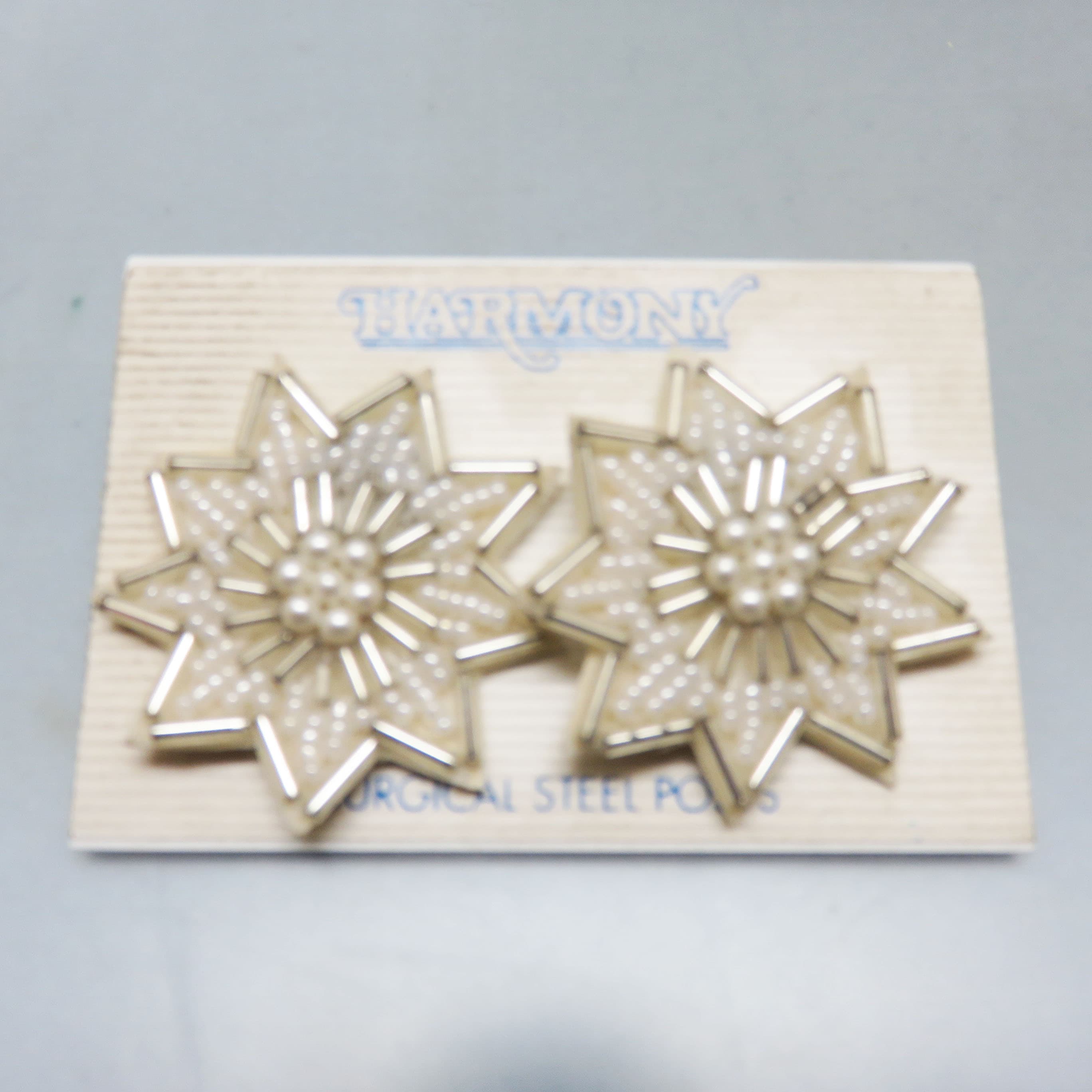 Vintage Hand-Beaded Snowflake Post Earrings – White Pearl and Silver Bugle Beads