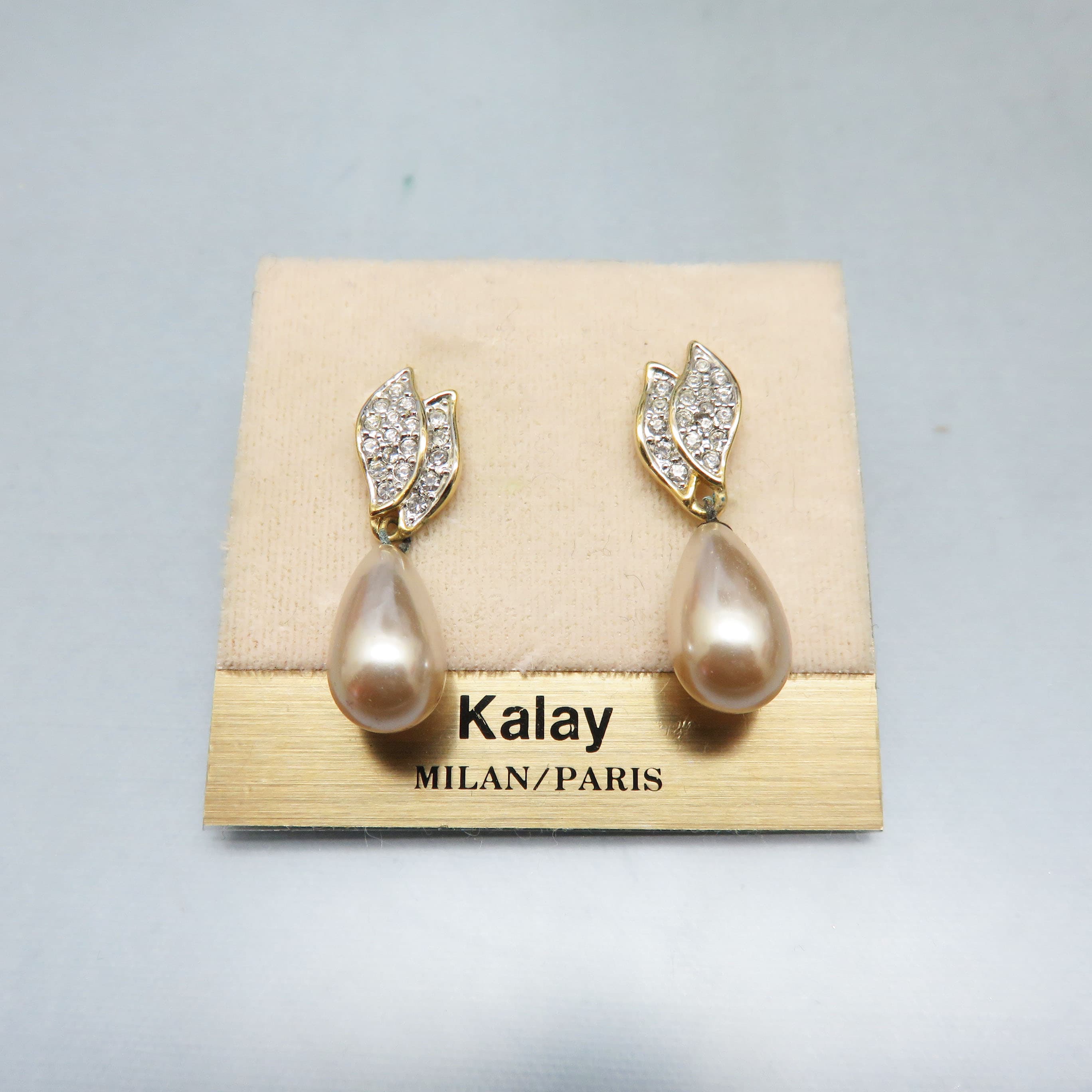 Kalay Faux Pearl Drop Earrings – Rhinestone Leaf Posts, Mint on Original Card
