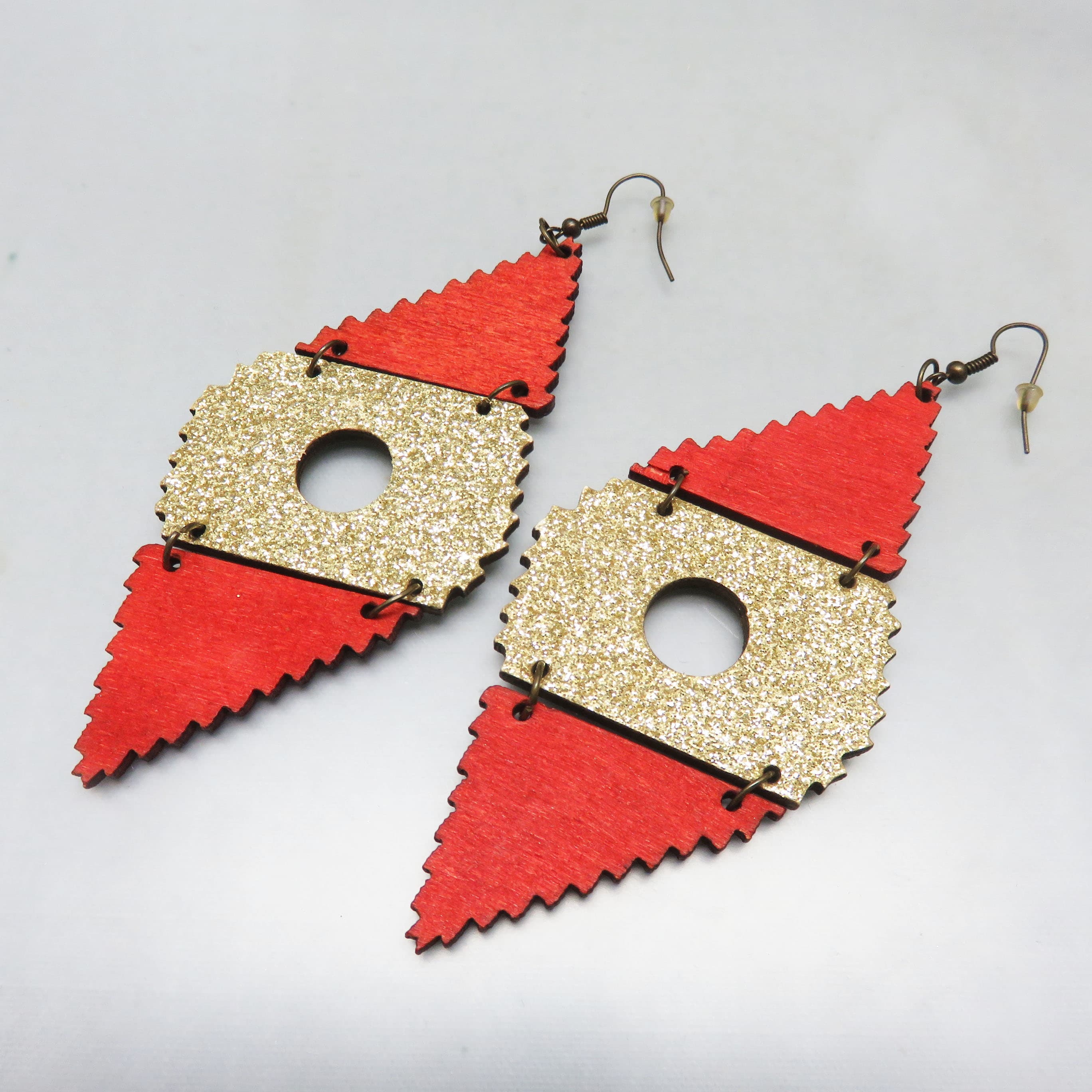Oversized Red And Glittery Gold Geometric Wood Earrings