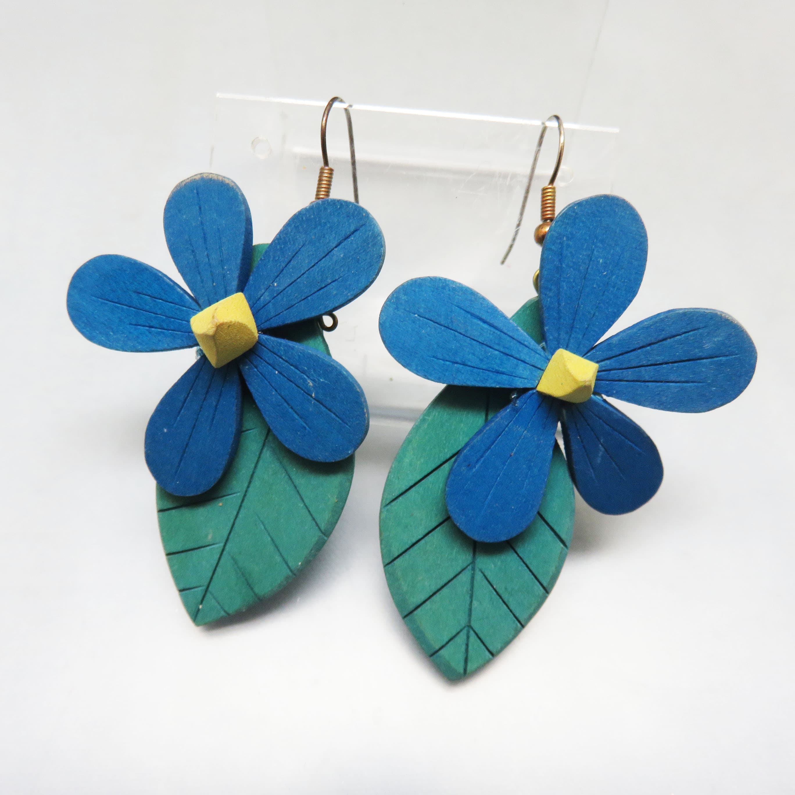 Vintage Blue Wildflower And Green Leaf Wood Dangle Earrings