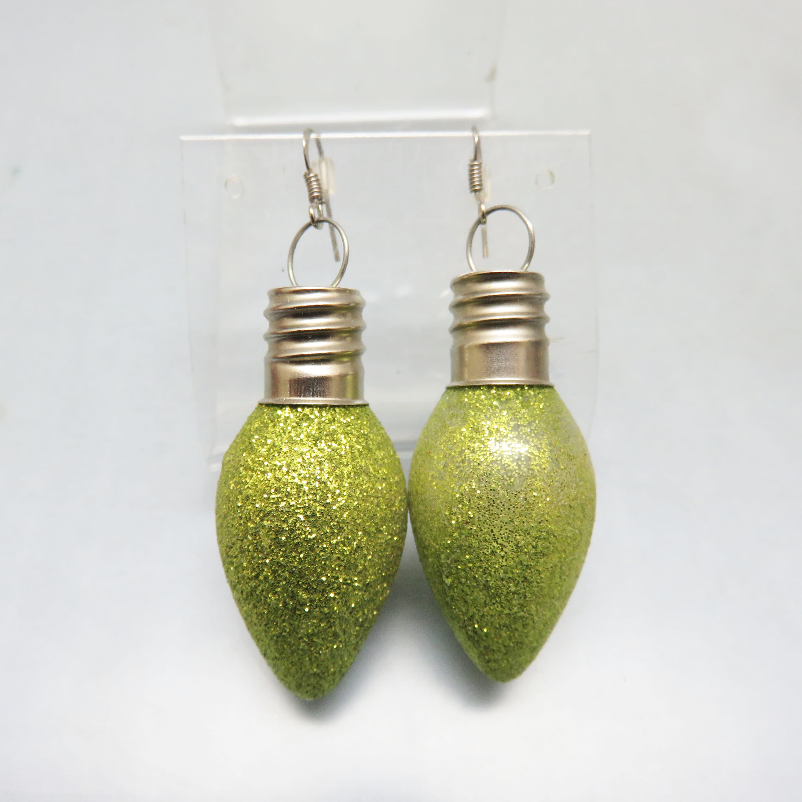 Green Glitter Christmas Light Bulb French Hook Earrings