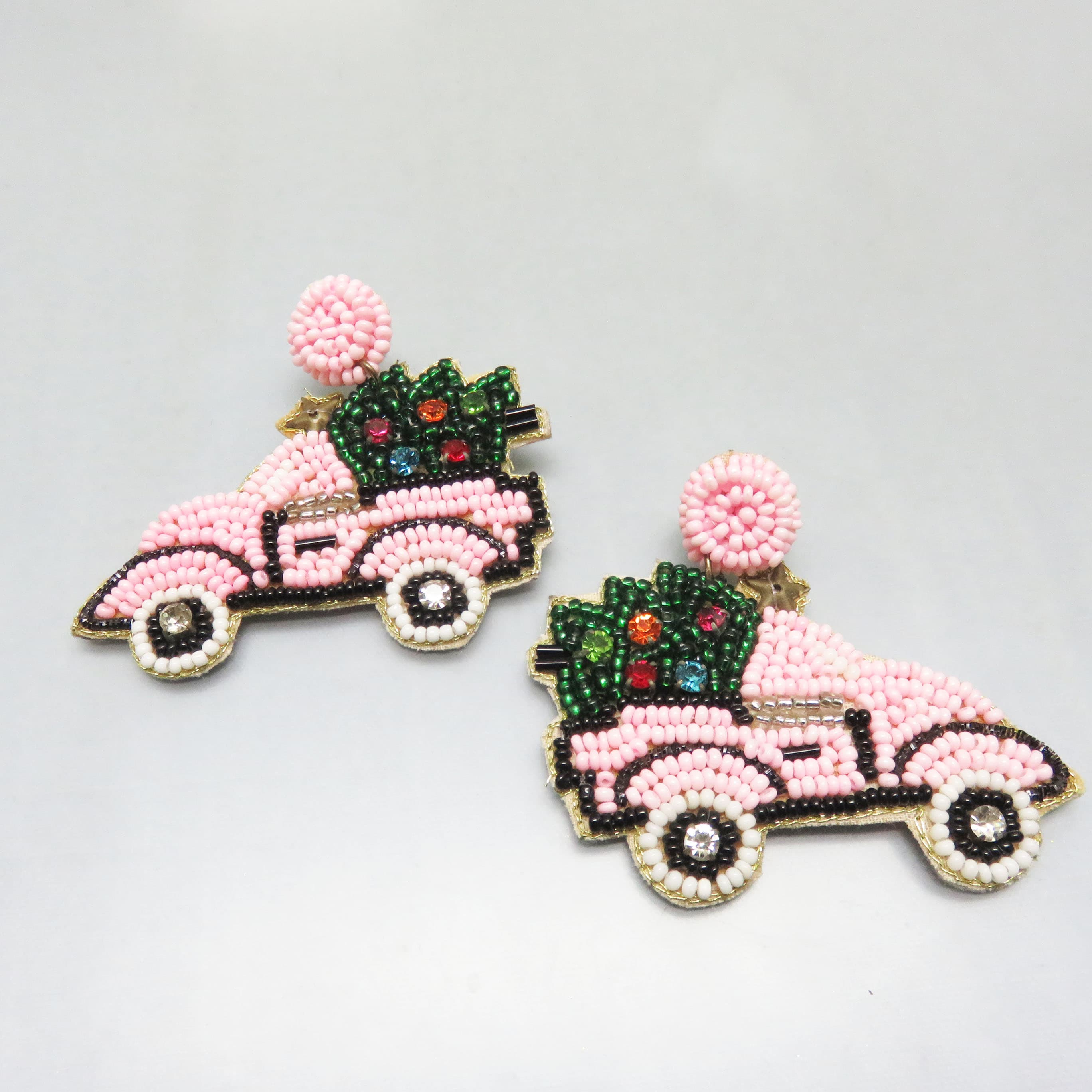 Hand-Beaded Pink Christmas Tree Car Statement Earrings
