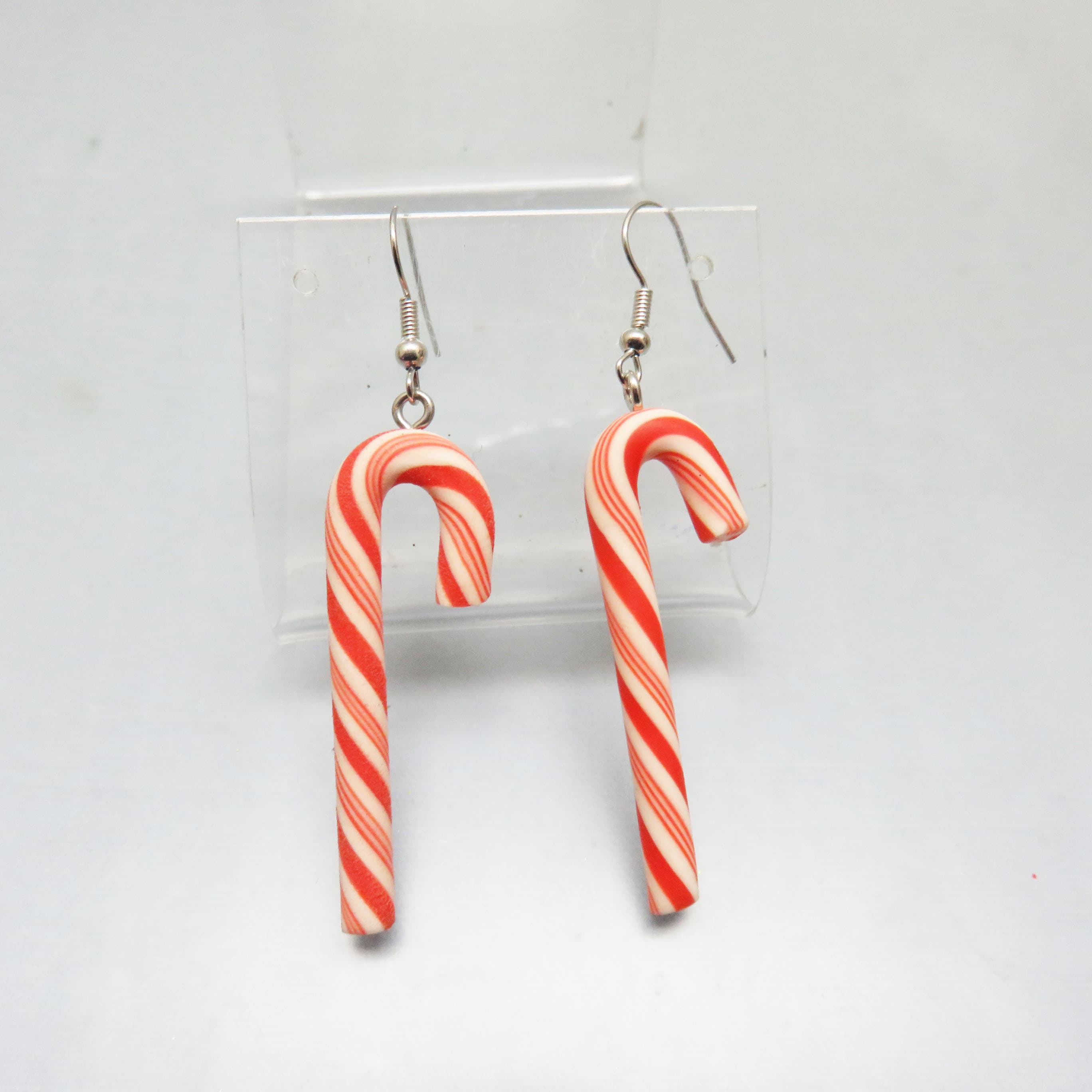 Red and White Polymer Clay Candy Cane Dangle Earrings