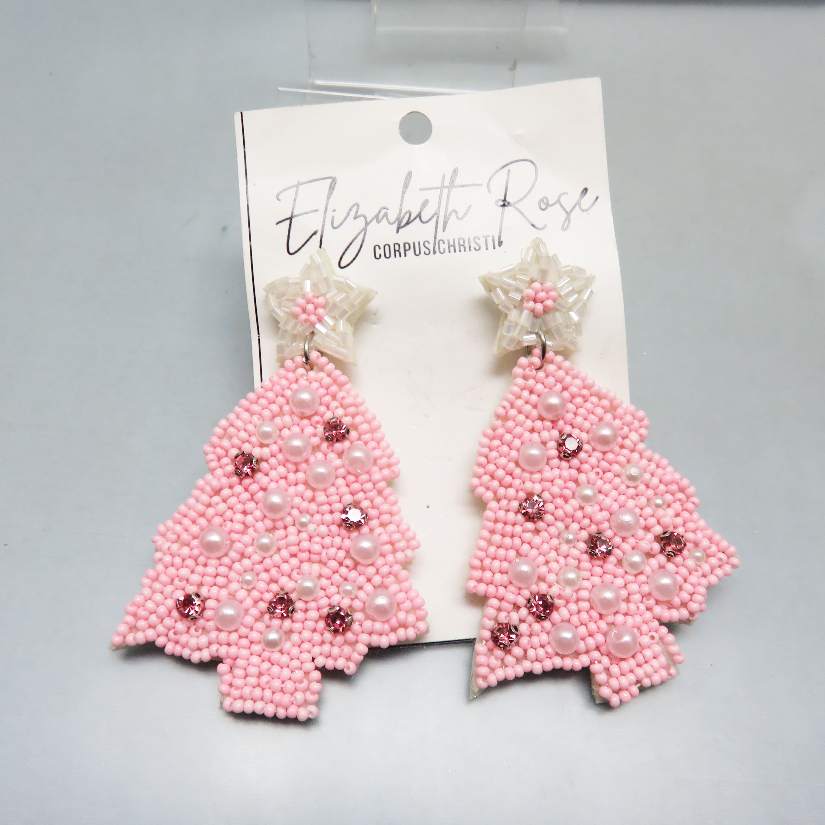 Elizabeth Rose Pink Hand-Beaded Christmas Tree Earrings