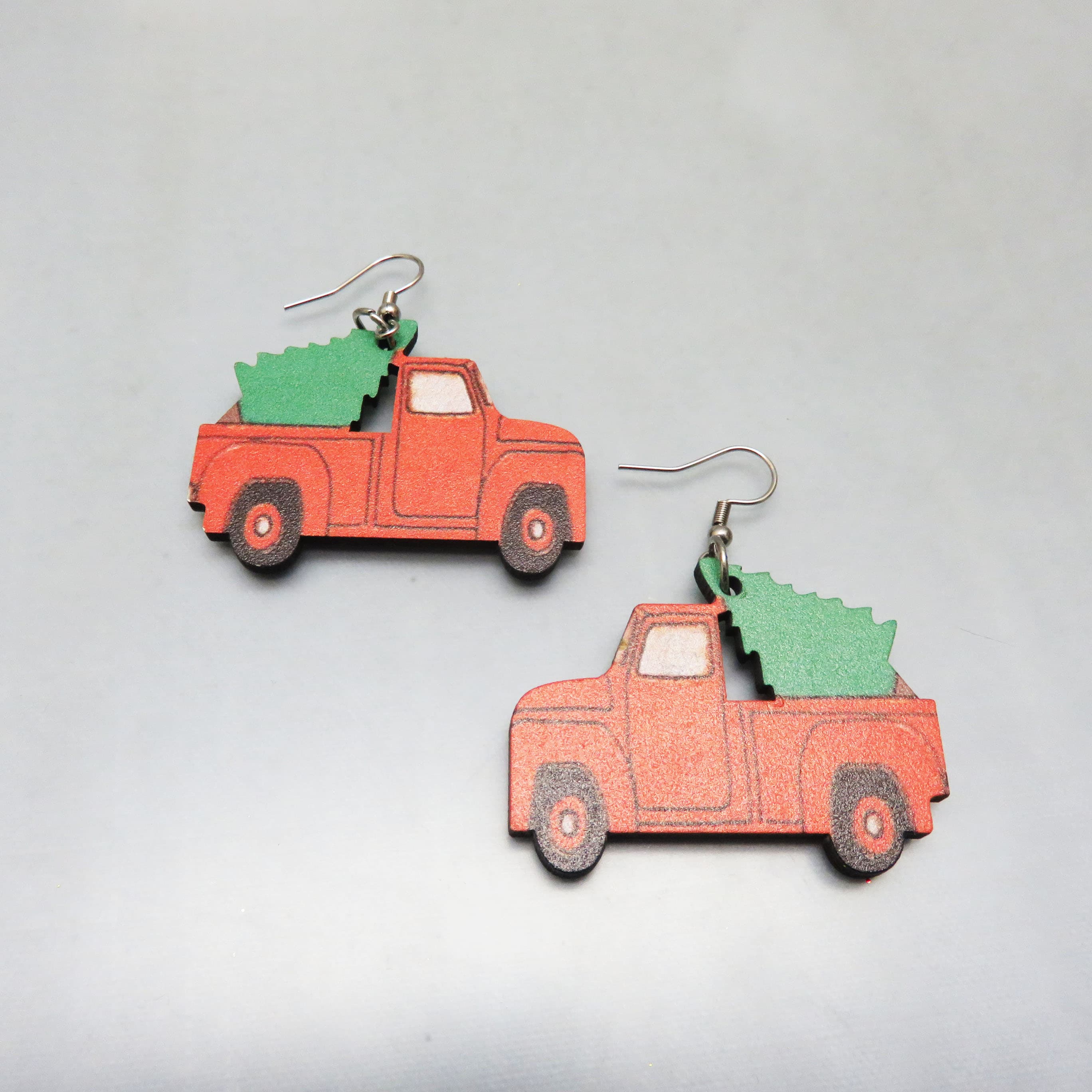 Hand-Painted Red Christmas Truck Wood Dangle Earrings