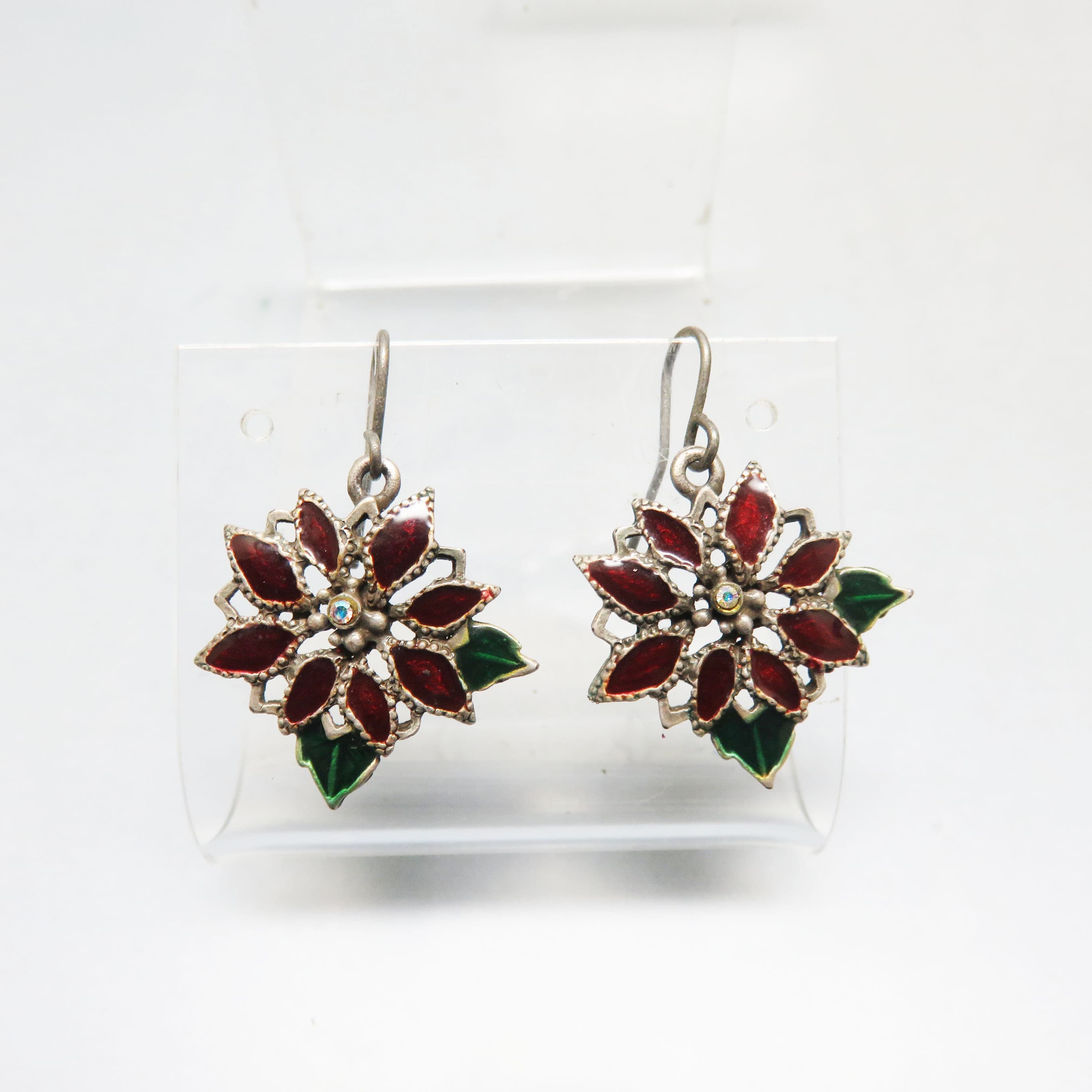 Vintage Enamel Poinsettia French Hook Earrings