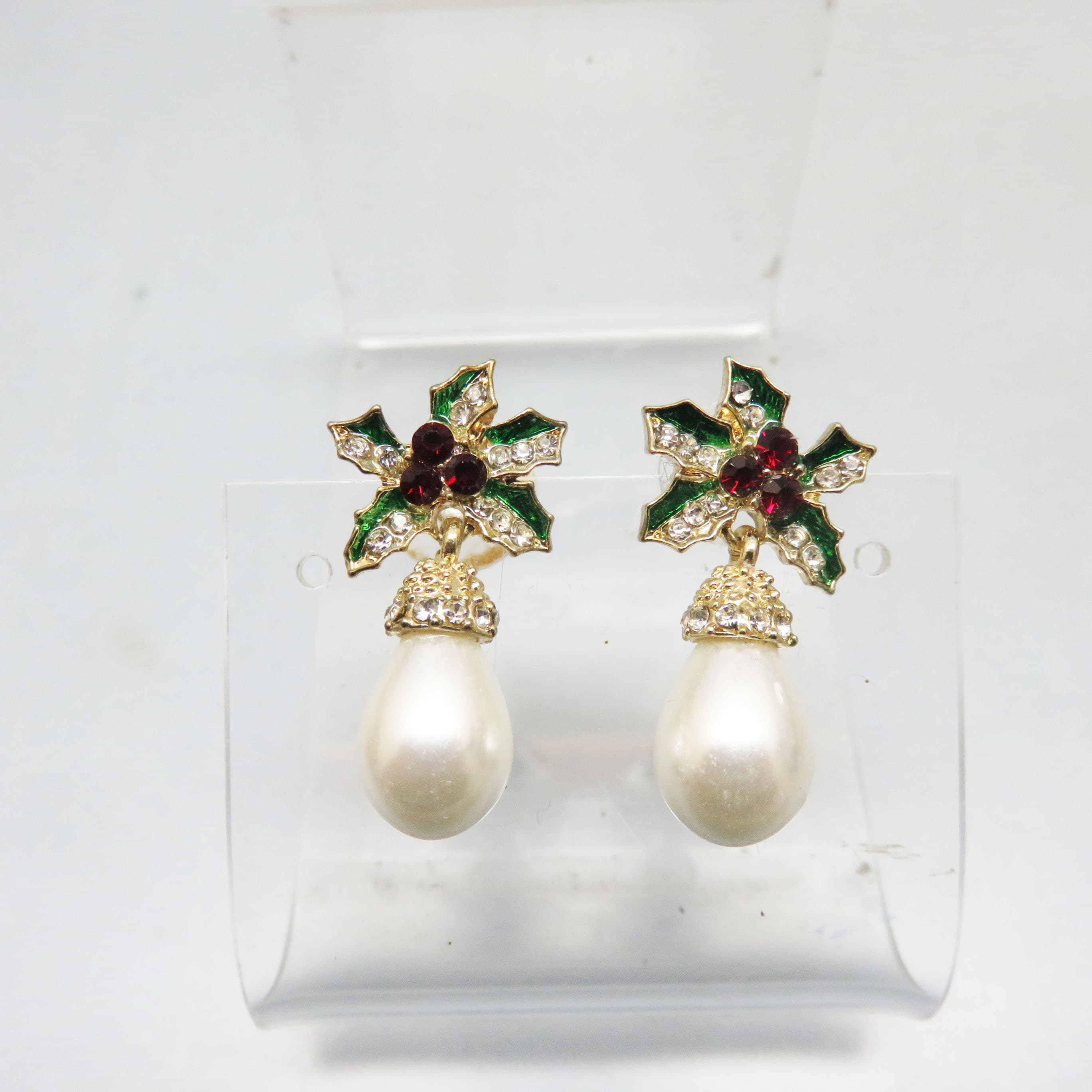Vintage Faux Pearl Holly and Berry Drop Earrings