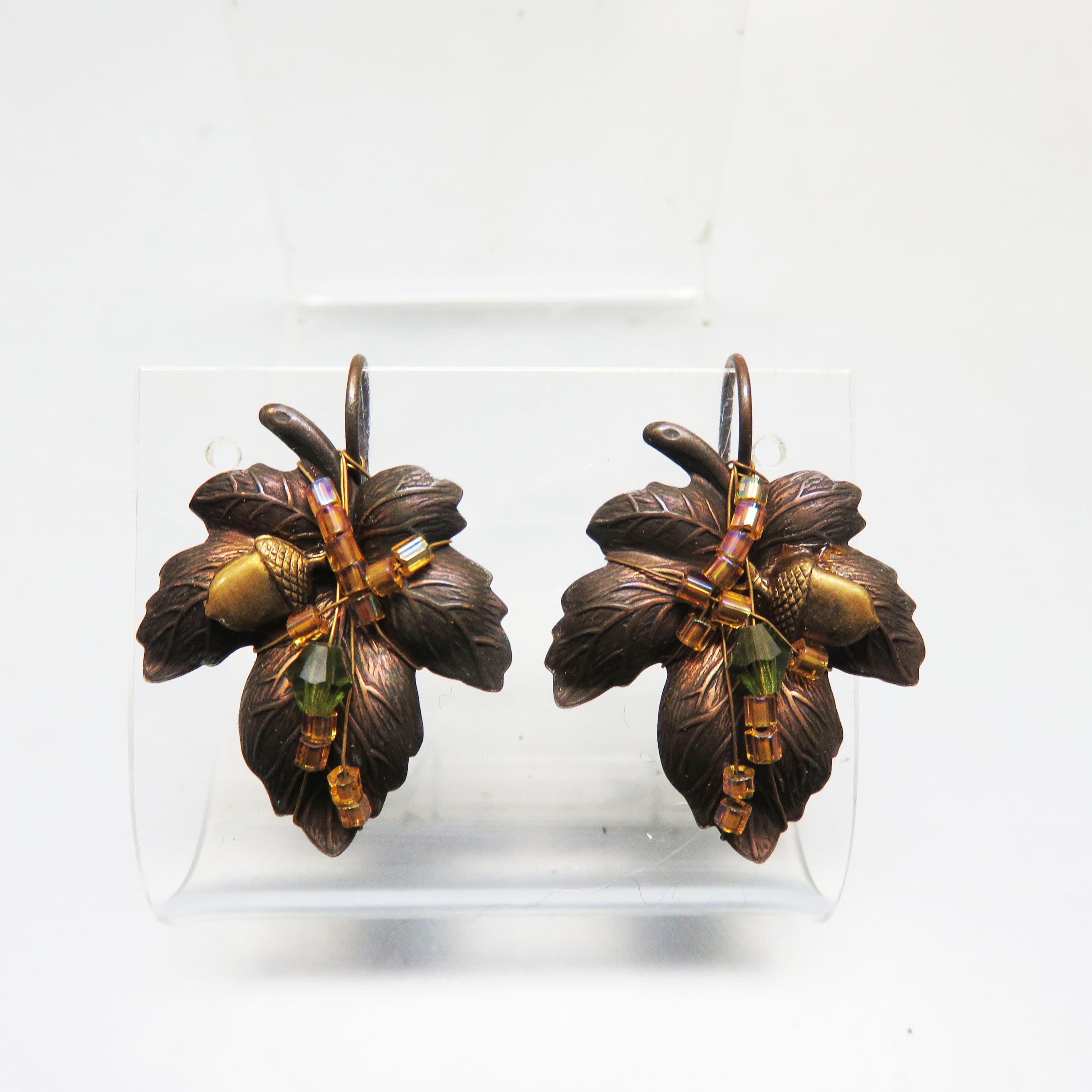 Handmade Patinated Bronze Leaf and Acorn Beaded Earrings