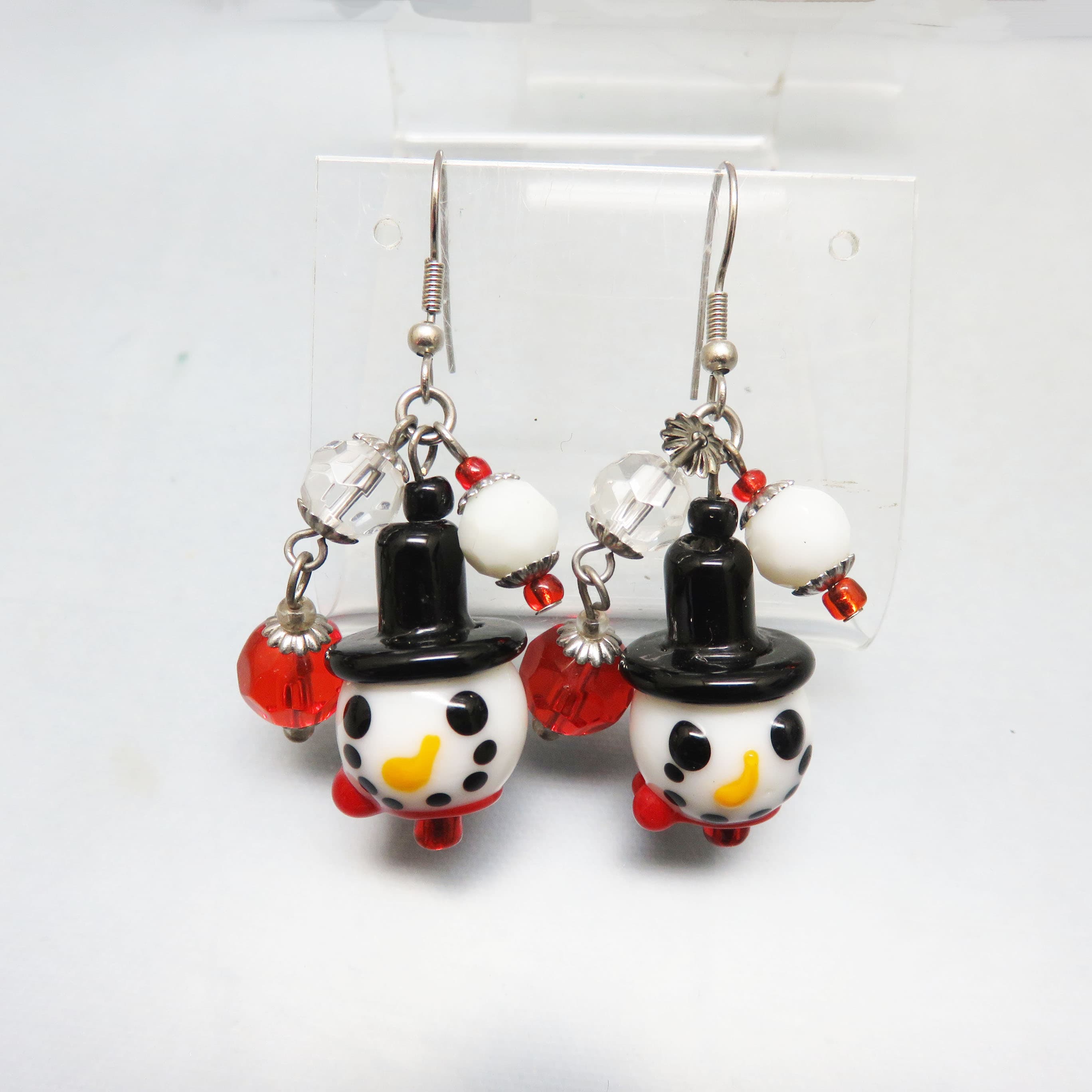 Handmade Lampwork Snowman and Crystal Bead Earrings