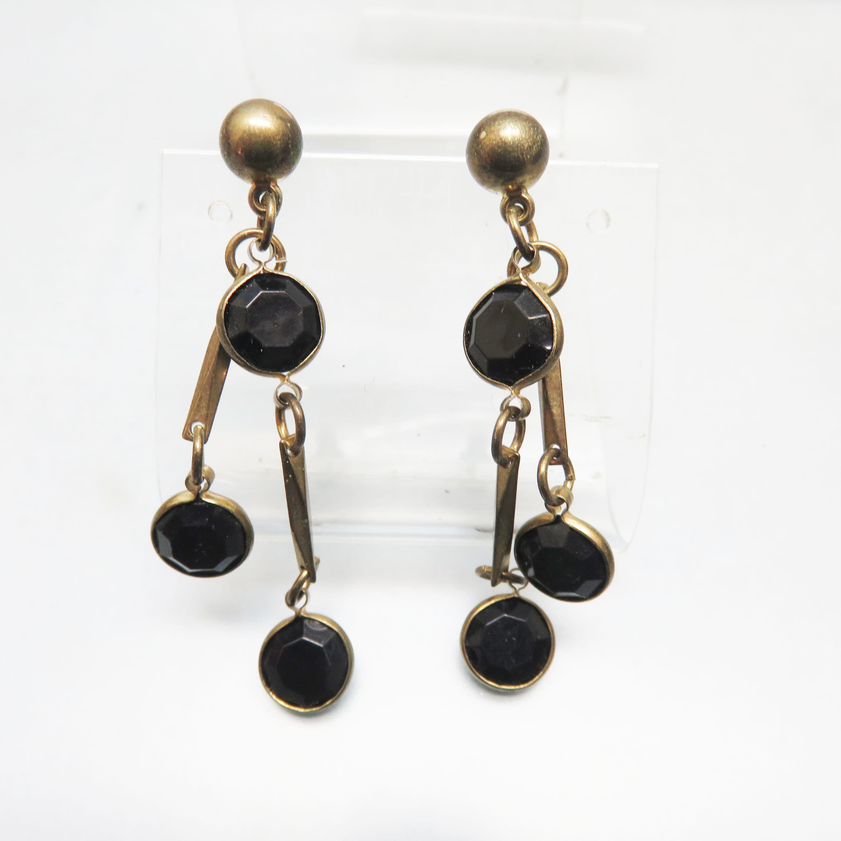 Vintage Gothic Black Acrylic and Brass Dangle Earrings