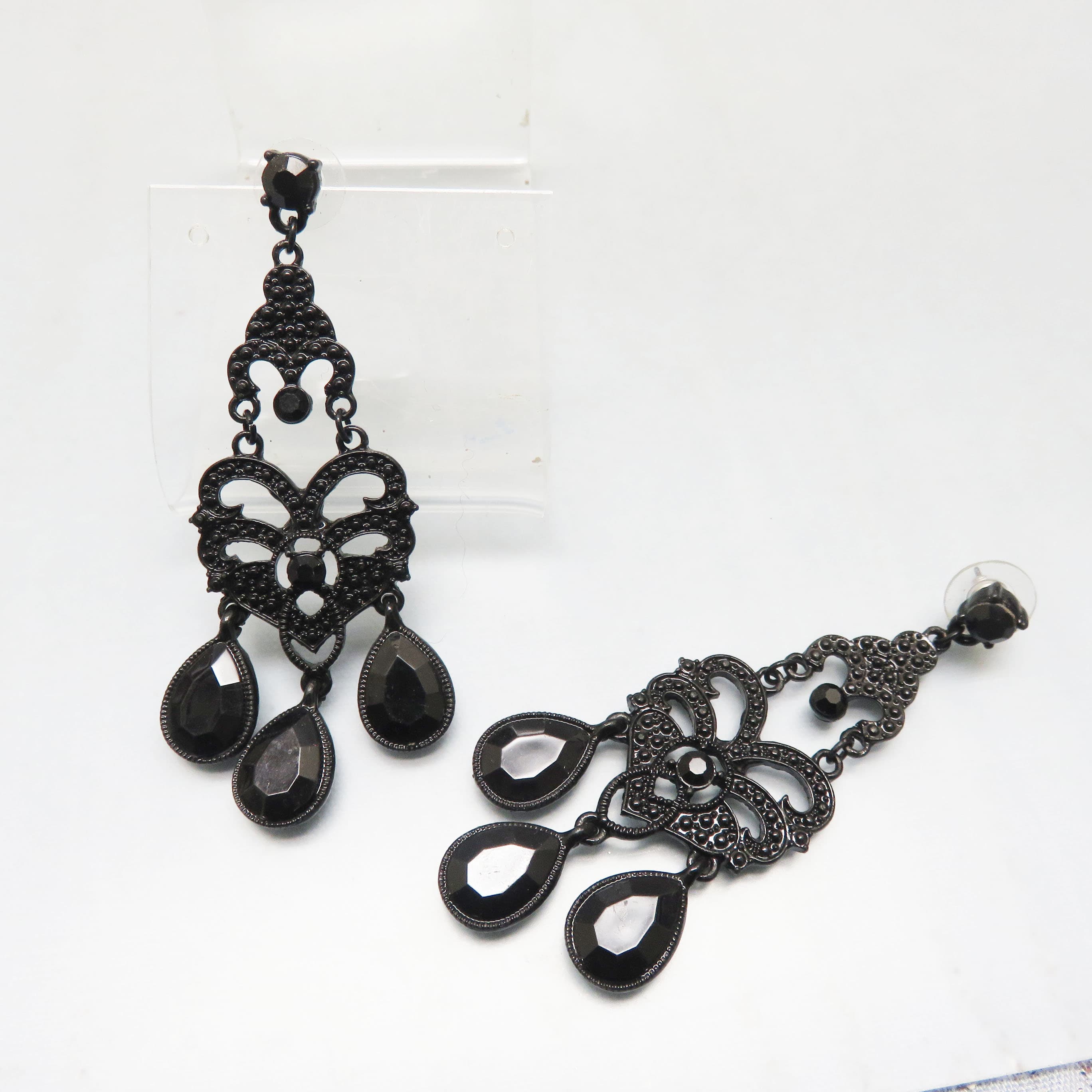 Gothic Black Chandelier Earrings Dark Metal Filigree Statement Earrings