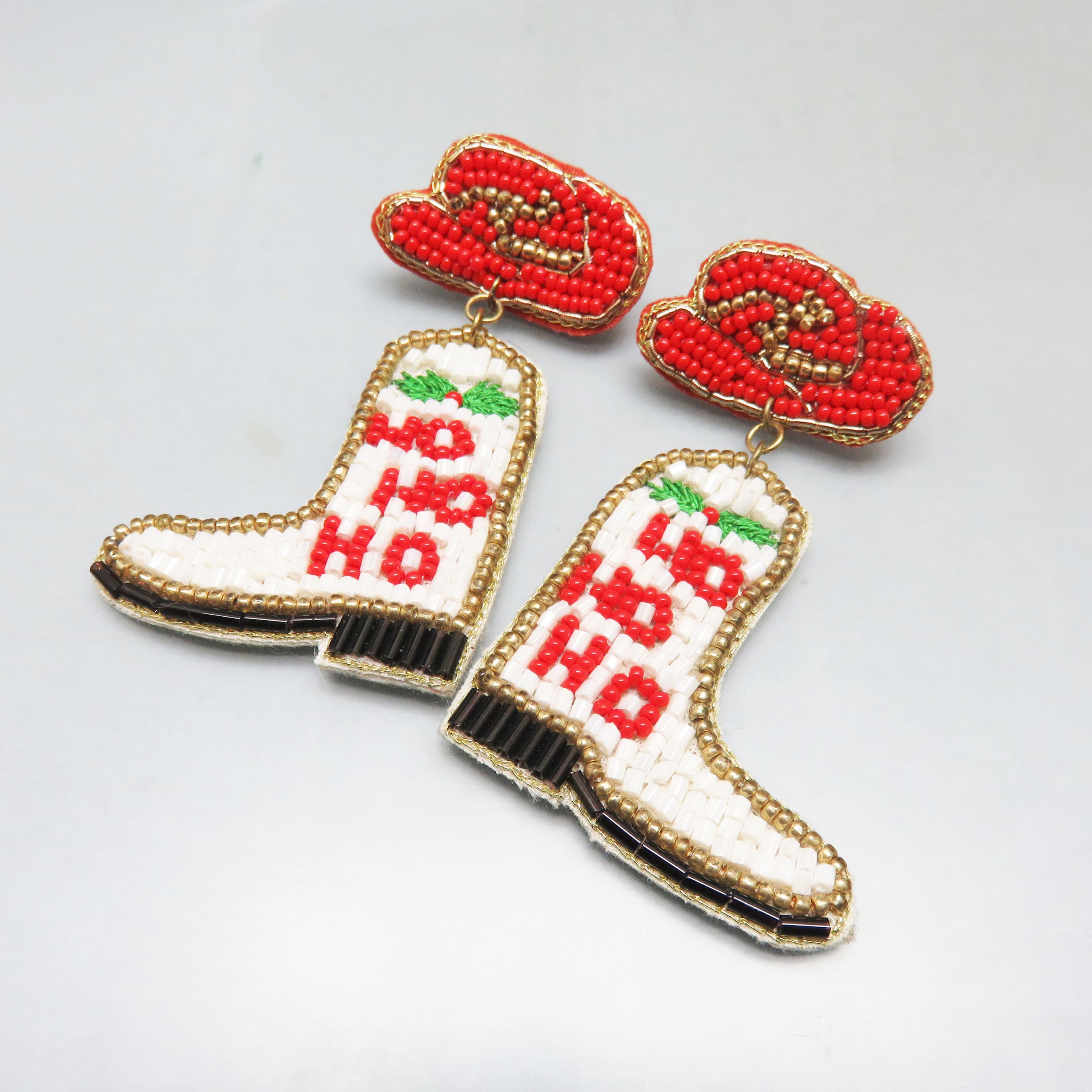 Hand Beaded Christmas Cowboy Boot Earrings Western Holiday Statement Earrings