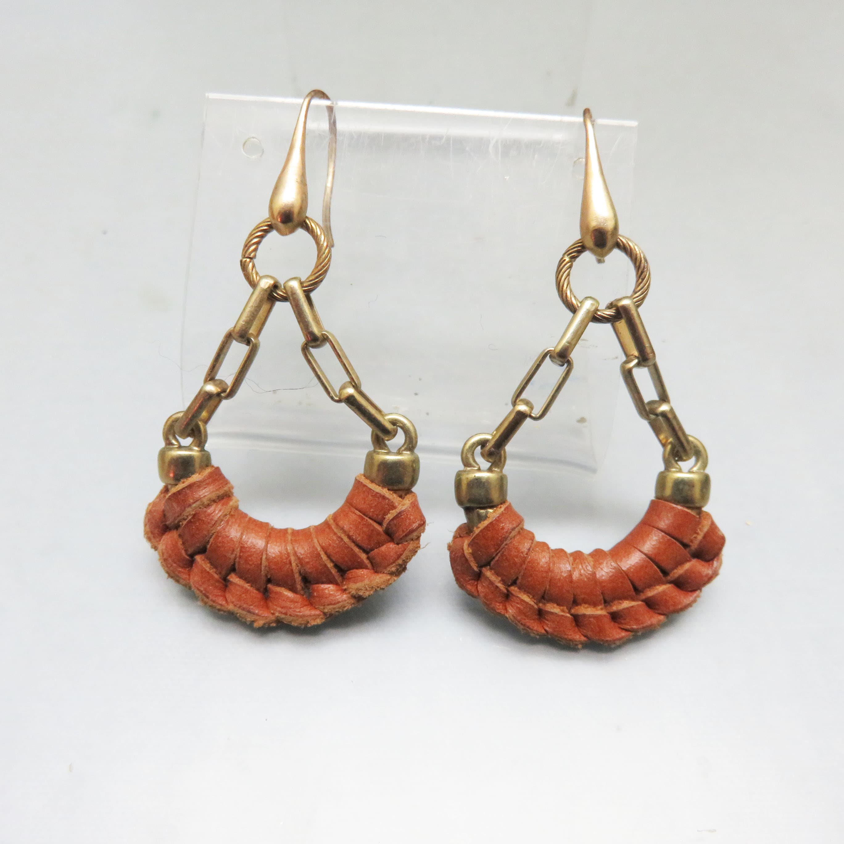 Vintage Leather Wrapped Teardrop Hoop Earrings Rustic Goldtone Dangles
