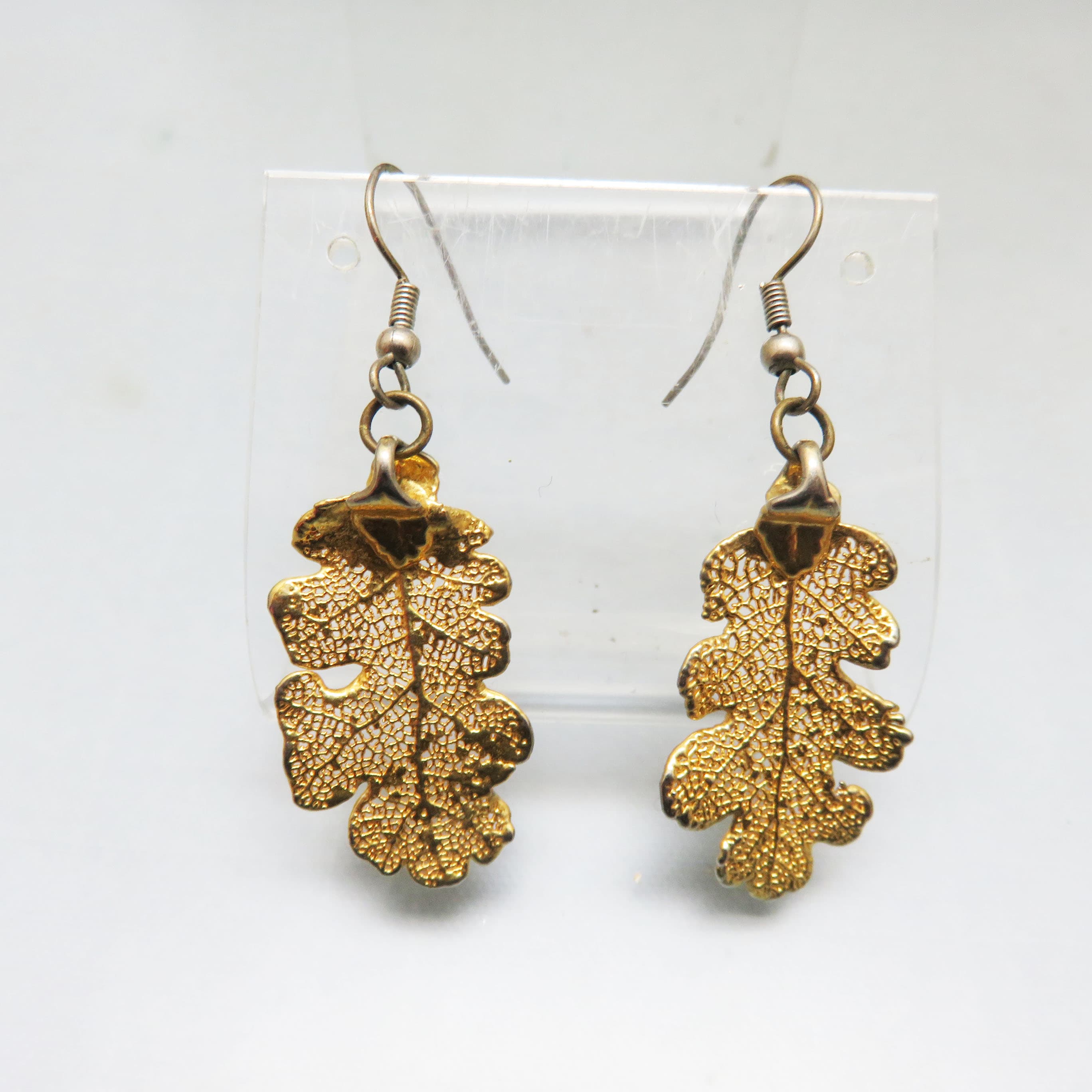 1970s Real Oak Leaf Earrings 24K Gold Dipped Botanical Dangles