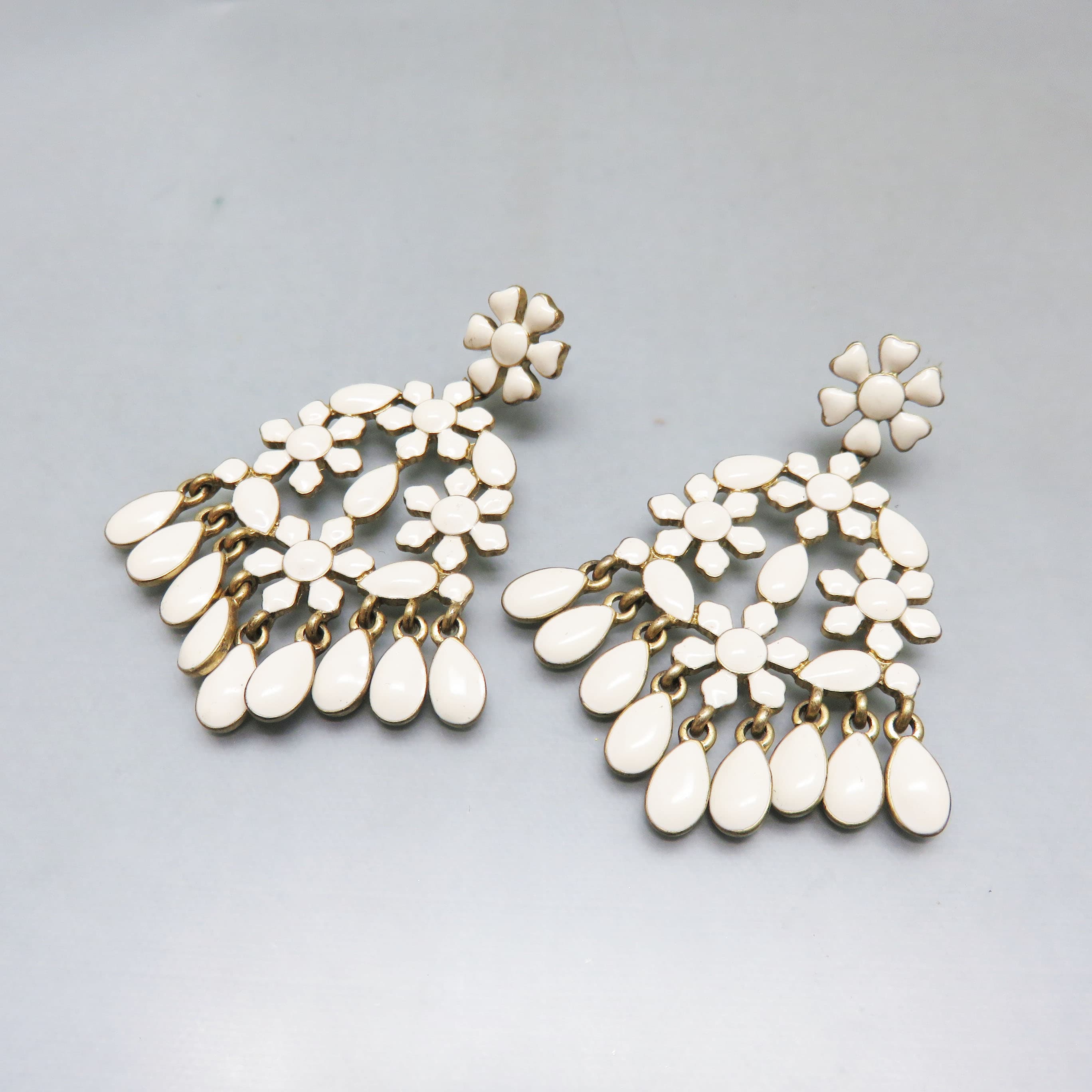 White Enamel Floral Chandelier Earrings Goldtone Statement Dangles